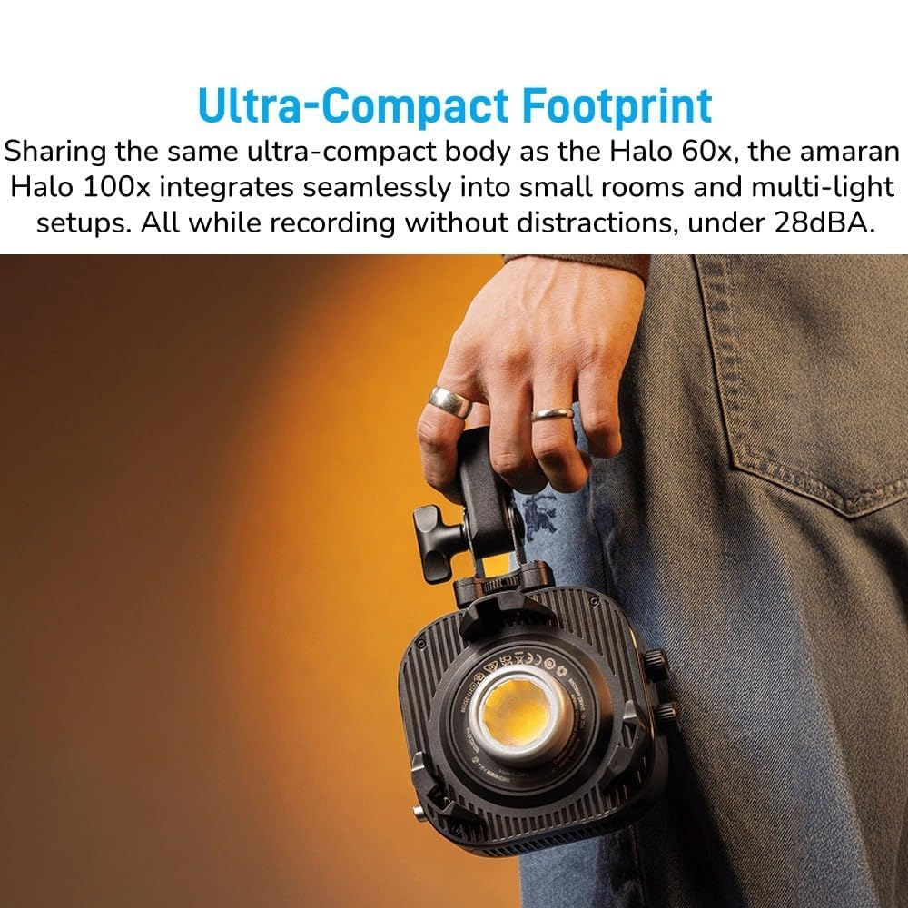 amaran Halo 100x Projecteur LED Vidéo COB Bicolore Compact 100W | 2700K-6500K, Monture Bowens, USB-C PD, Appli Amaran, NFC, IRC 96+, Photo, Stream