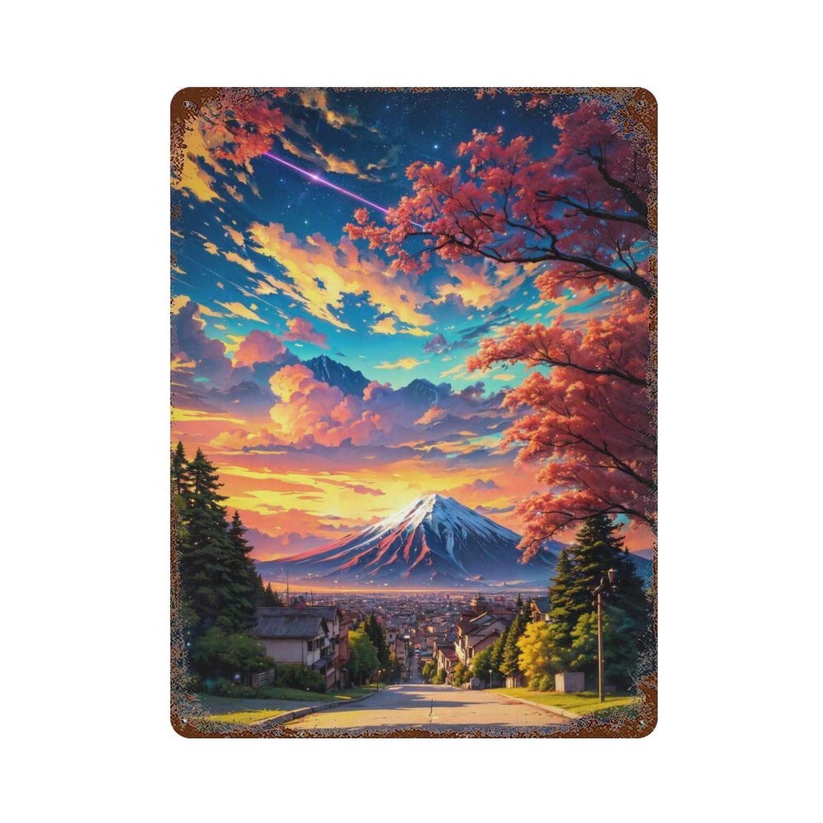 Sakura Mount Fuji Sunset Anime 15.7"x11.8" Distressed Metal Wall Sign, Shabby Chic Decor for Office, Studio And Wall Decor
