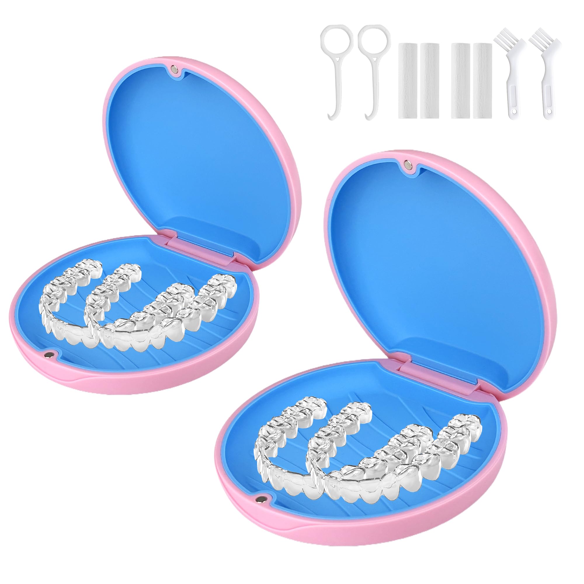 2 Pack Aligner and Retainer Case,Compatible with Invisalign,Mouthguard Case Kits, Portable Aligner Cases with Chew Remover Tool and Brush, Pink
