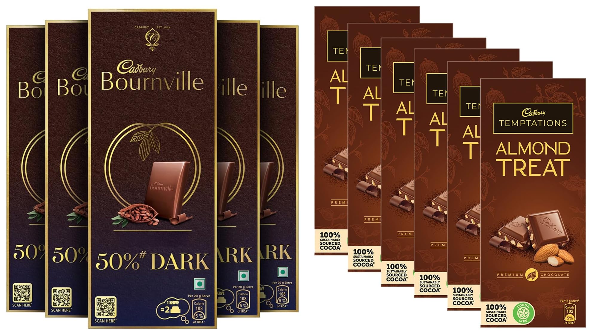 Cadbury Temptation Almond Treat Chocolate, 72g (Pack of 6) & Cadbury Bournville Rich Cocoa Dark Chocolate Bar, 80 gm (Pack of 5)