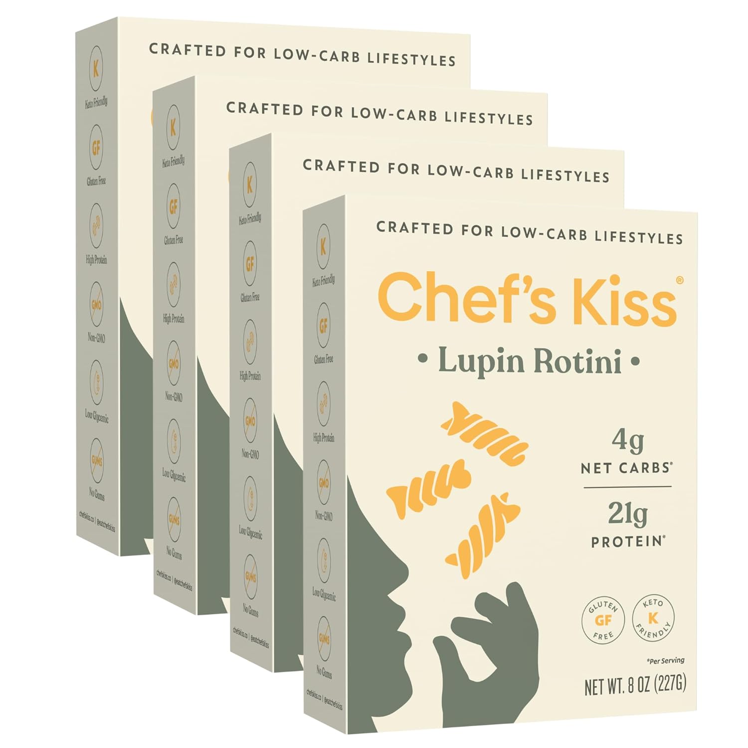 Chef’s Kiss Low Carb Rotini | 4g Net Carbs, 21g Protein | Keto Friendly, Low Glycemic Pasta Made from Lupins | Gluten Free, High Protein | No Gums | Keto Pasta Alternative | Non GMO | 4-pack (8oz)