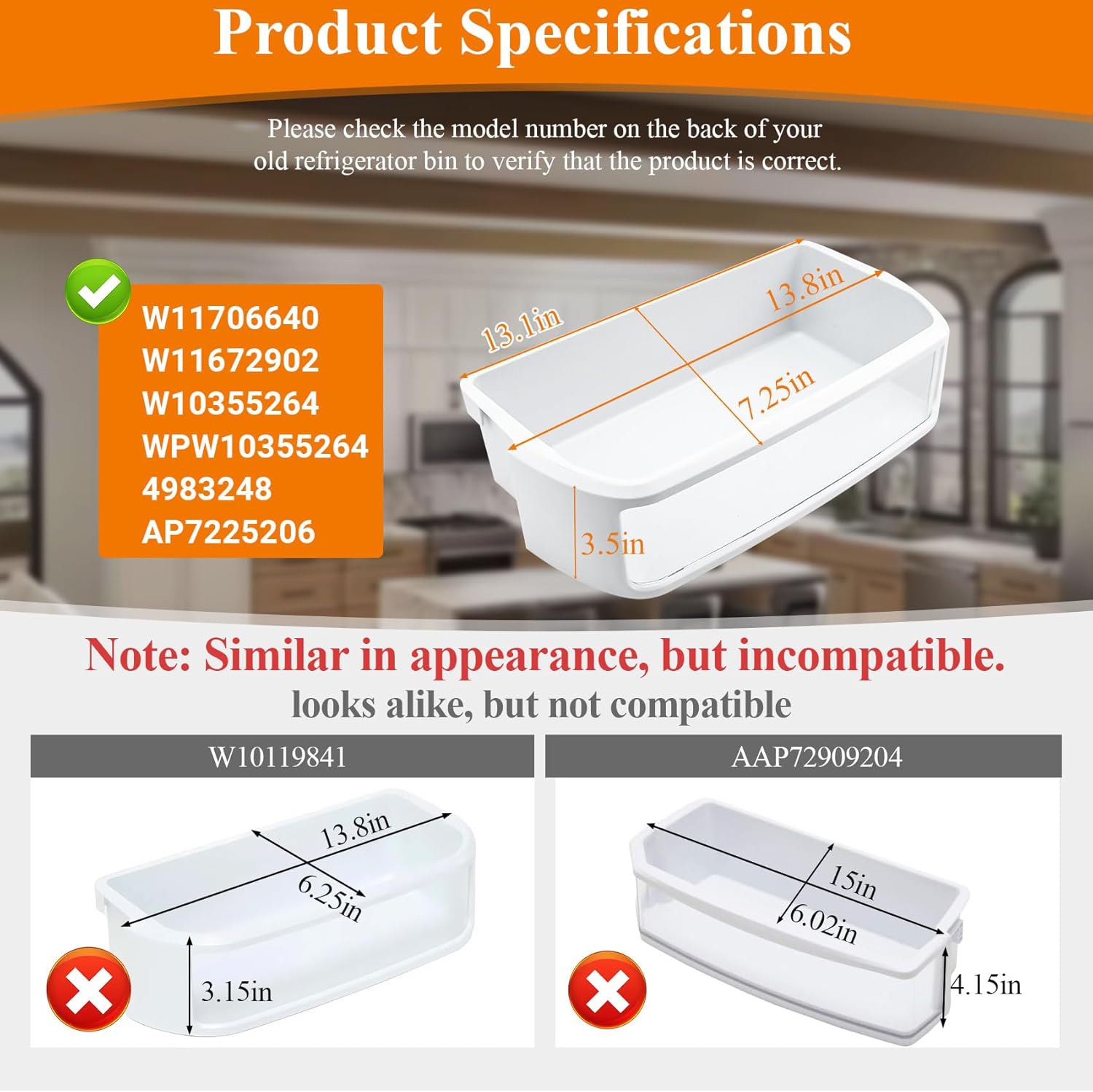 W11706640, W10355264 Door Shelf Bin Compatible with whirlpool, kitchenaid, jenn-air Refrigerators(some models): WRX735SDHZ KFXS25RYMS etc. Fridge Door Bin Replacement W11672902 WPW10355264 AP7225206