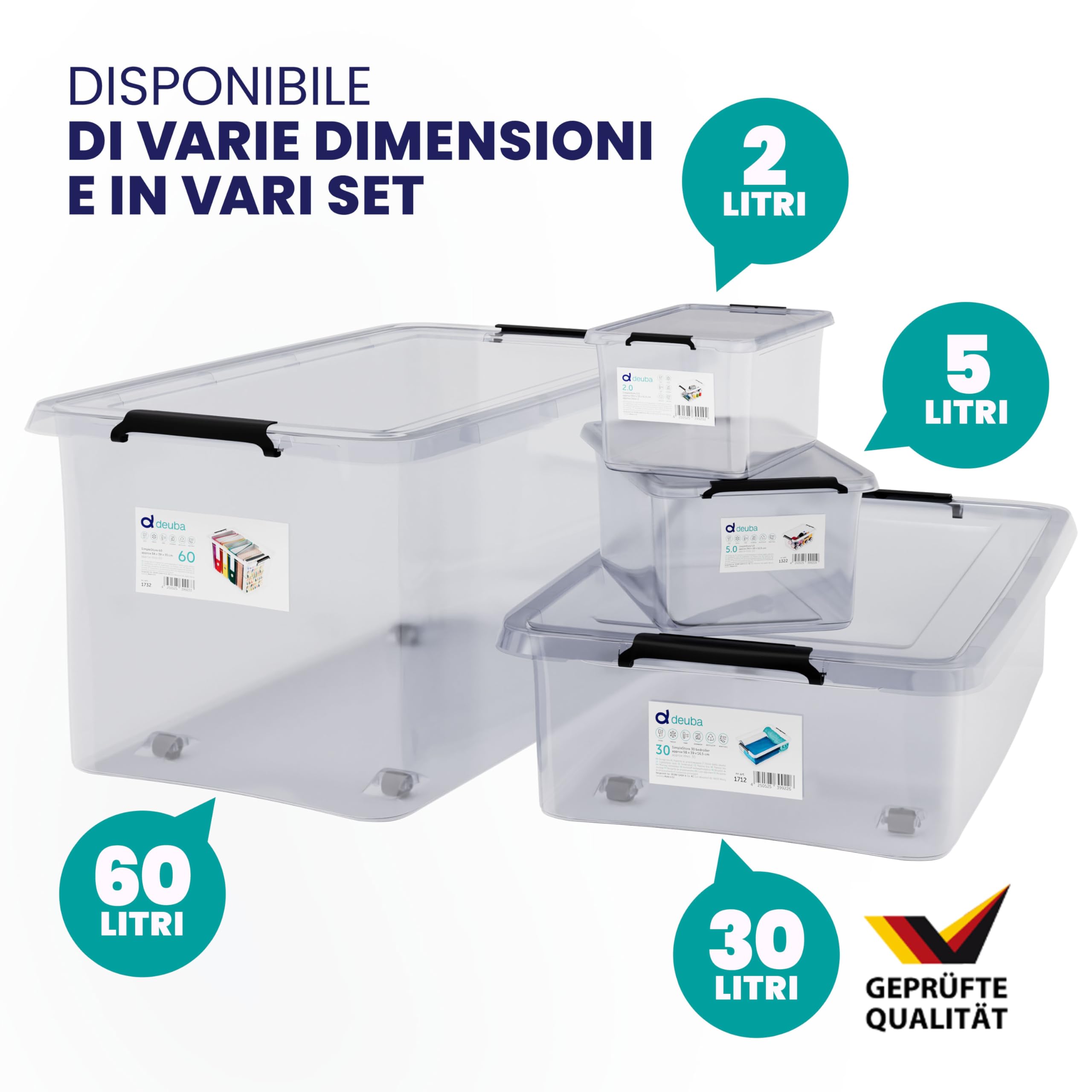 Deuba® 6X 60L Scatole in Plastica Trasparente Senza BPA Contenitori con Coperchio Impilabili Ruote Cassette Salvaspazio