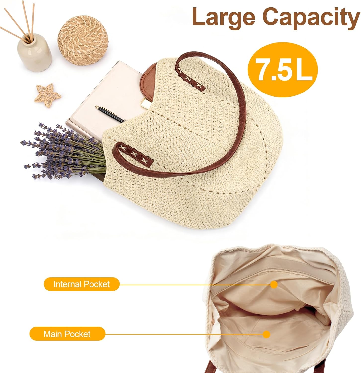 Peicees Crochet Woven Bag with Leak-Proof Lining for Women- Small Beach Purse Boho Shoulder Bag Summer Vacation Travel - Image 5