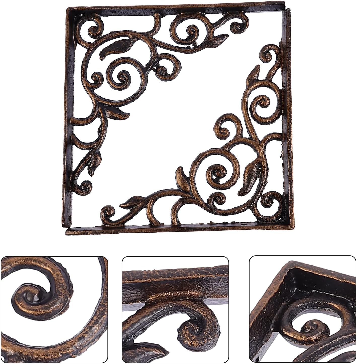 2pcs Cast Iron Wall Shelf Brackets Triangle Support Frame Heavy Duty Wall-Mounted Rack Support Vintage Gold for Home Storage and Floating Shelves