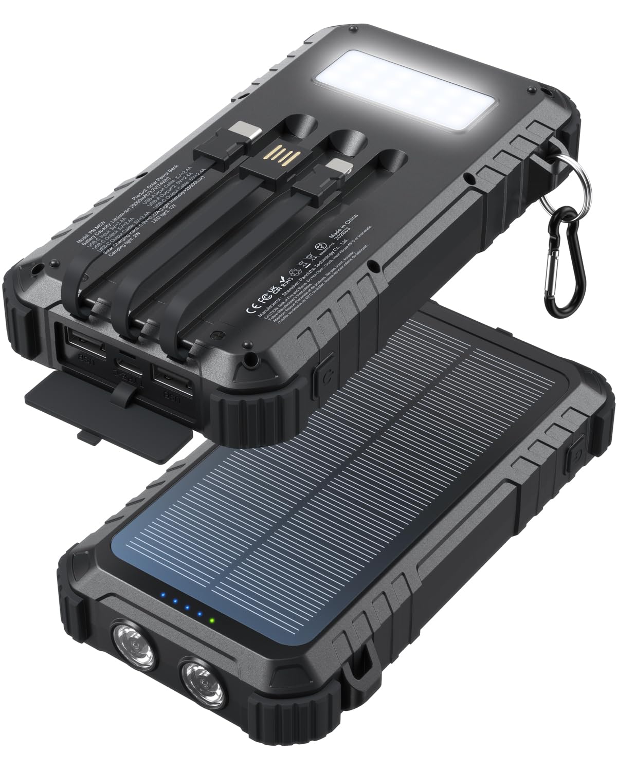 Chargeur solaire 20 000 mAh Charge rapide 3 câbles LED Double lampe de poche portable Batterie externe portable avec sortie USB C Essentiels de camping en plein air pour iPhone Samsung etc.