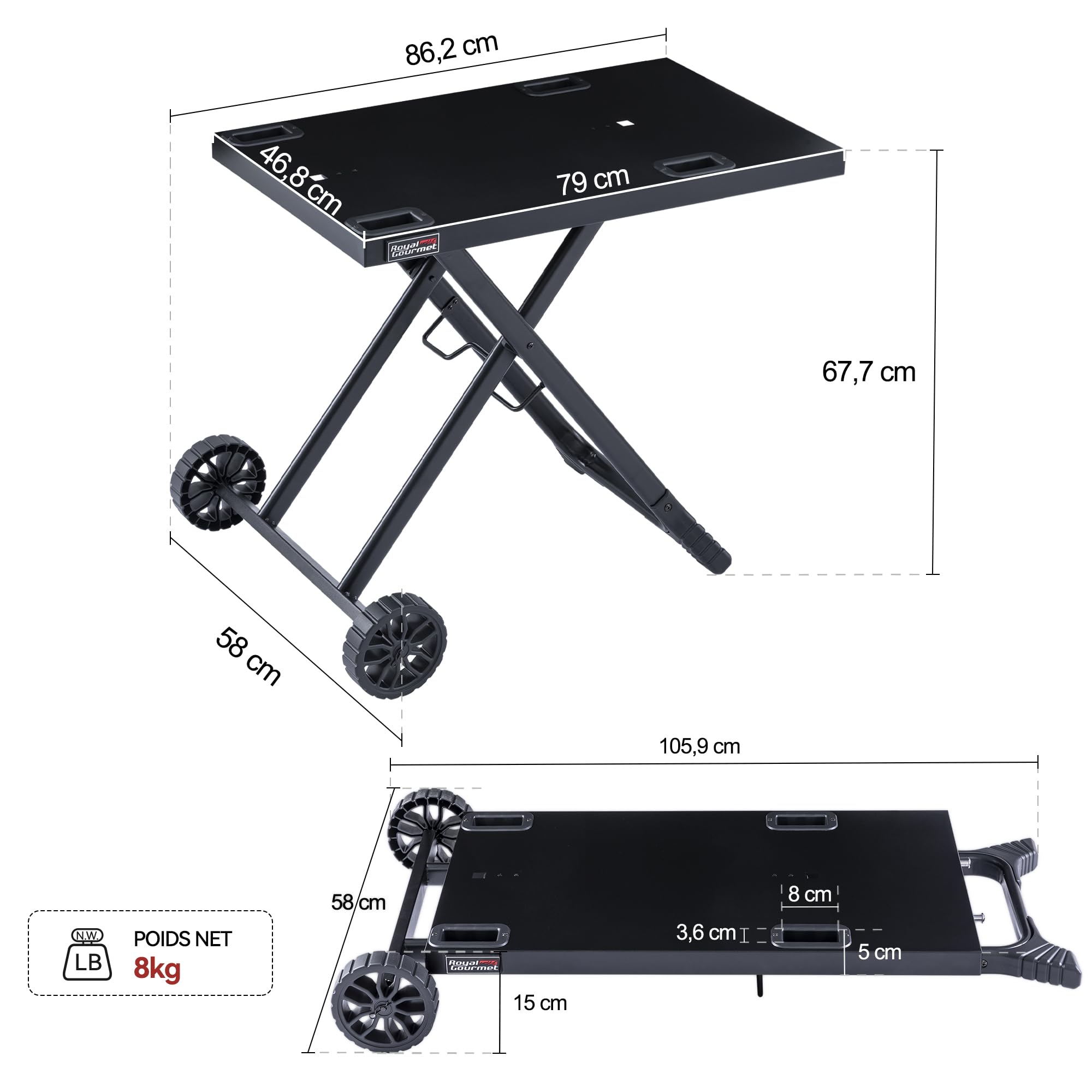 Royal Gourmet GT2201C-E Chariot Pliant pour Barbecue Portable, Desserte pour Plancha Pliable avec 2 Crochets pour Série GT2005-F, Adapté pour Le Camping, Dessus de Table 79 x 46,8 cm
