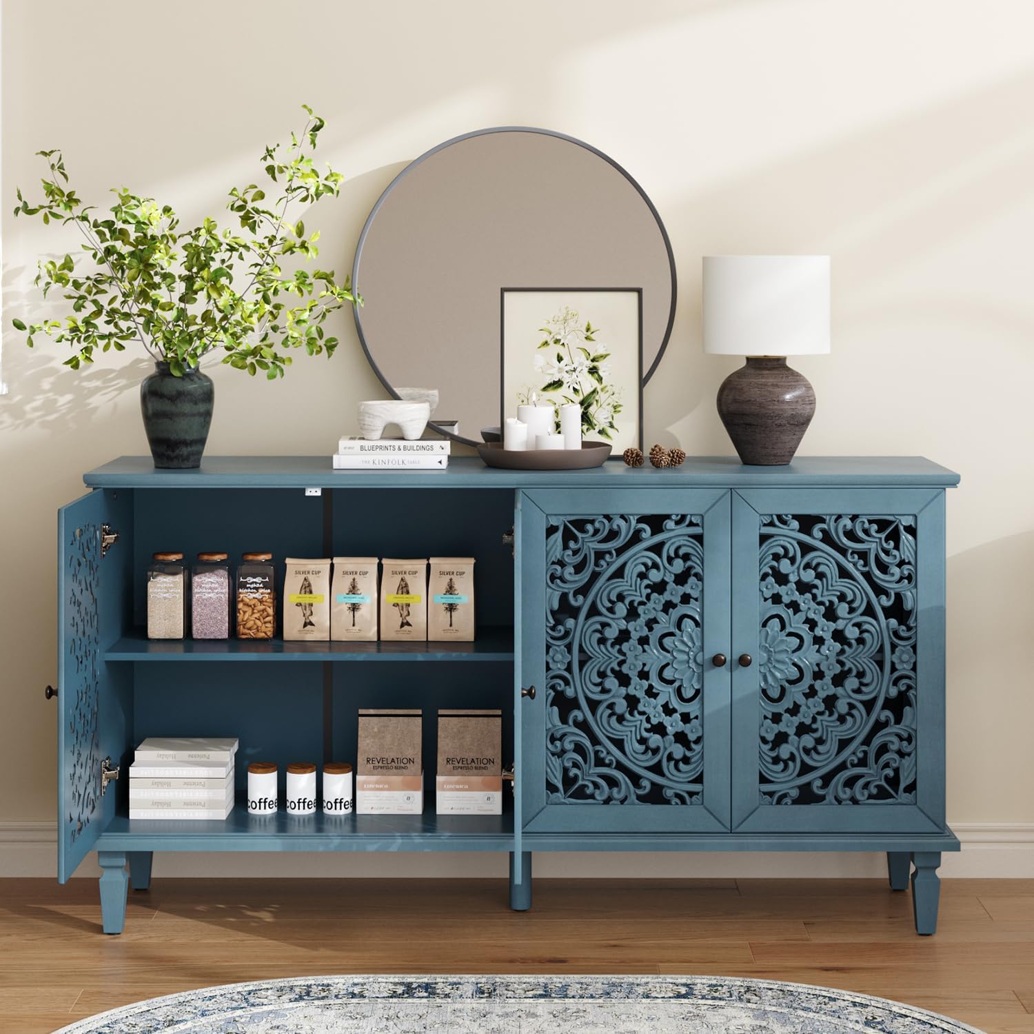 Sideboard Buffet Credenza Cabinet, 4-Door Hollow-Carved Accent Buffet, 60" Large Vintage Distressed Sideboard Storage Cabinet for Kitchen, Living Room,Entryway, Blue