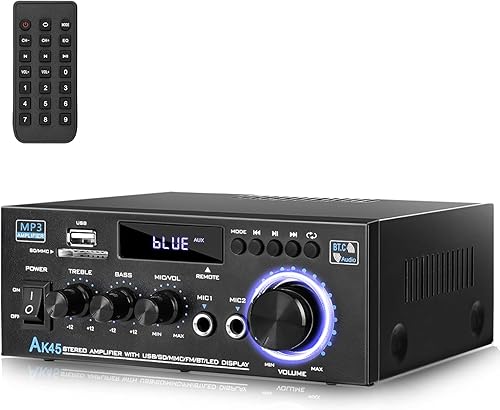 AK45 Amplificador de audio estéreo para el hogar con receptor Bluetooth 5.0, 300W+300W Bluetooth HiFi Amplificador de potencia estéreo 2.0 canales