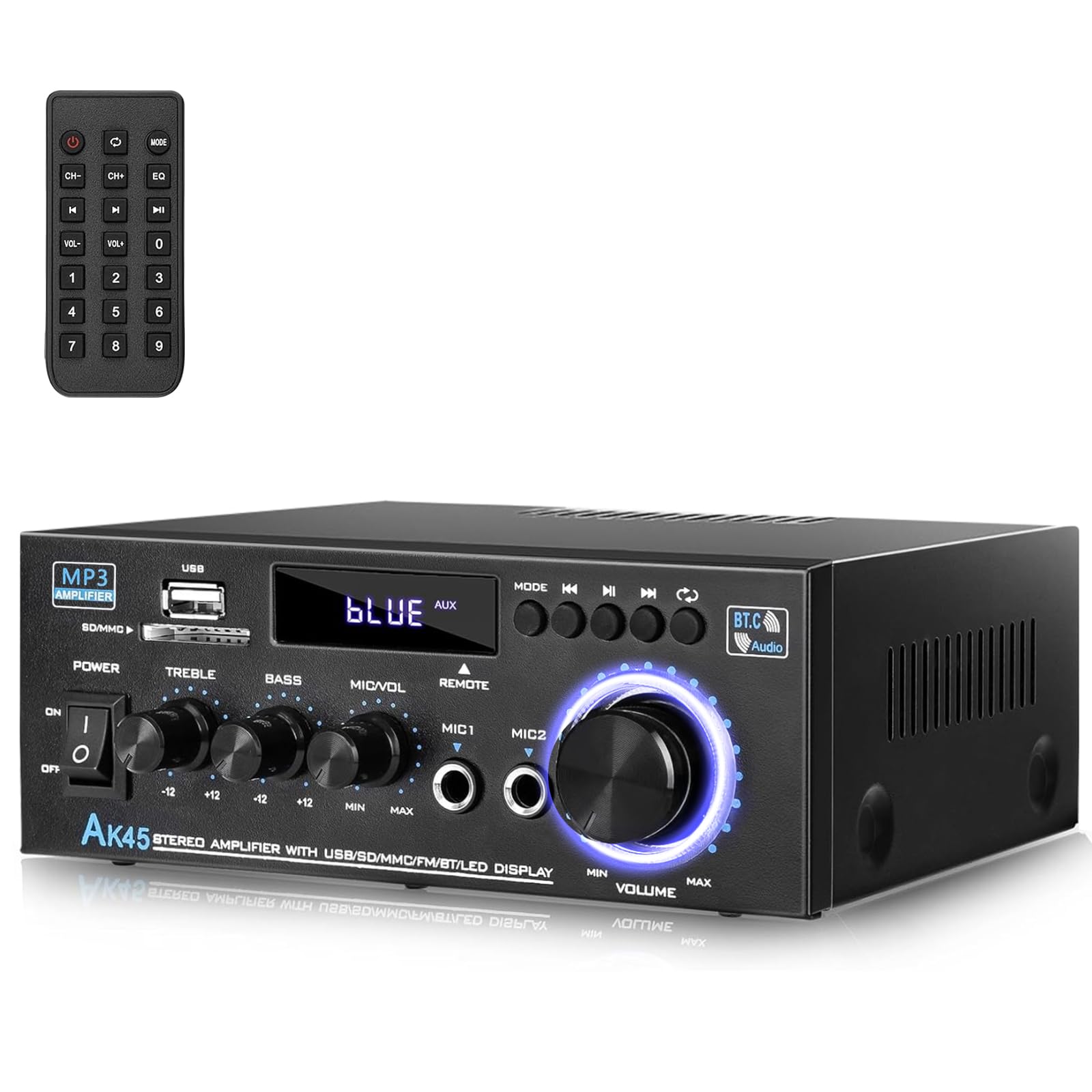 AK45 Stereo Home Audio Amplifier with 5.0 Bluetooth Receiver, 300W+300W Bluetooth HiFi Stereo Power Amplifier 2.0 Channel RMS 40W x 2 Home Stereo System Remote Control Amp W/MIC,USB, RCA,FM Radio