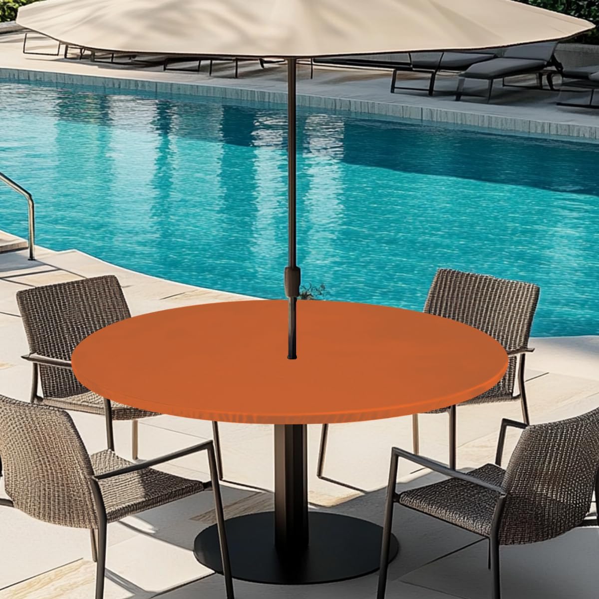 Orange Solid Color Outdoor Tablecloth with Umbrella Hole and Zipper,Waterproof Round Fitted Table Cloth with Elastic,Wipeable Table Cover for Patio Garden Picnic,Fits 45"-56" Tables