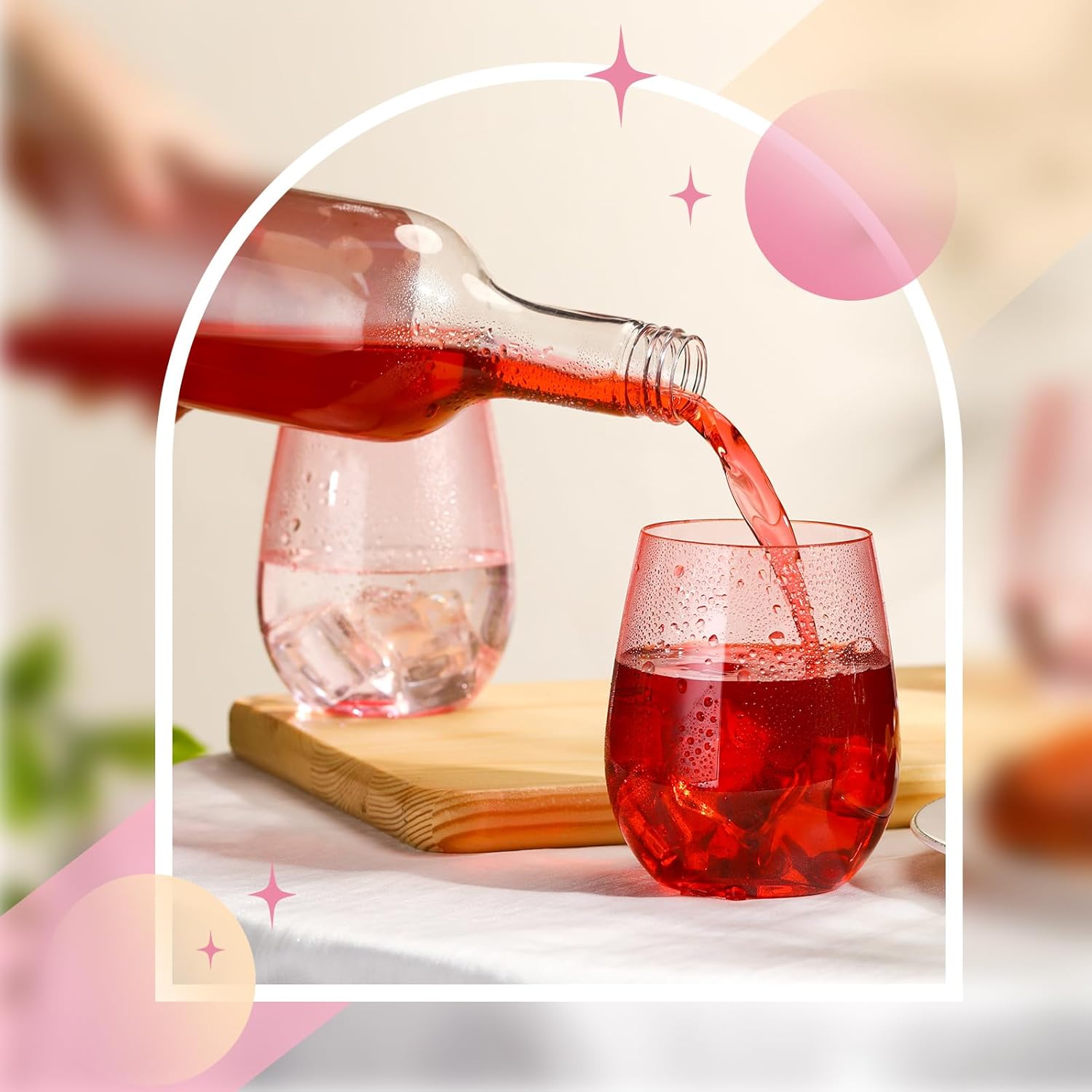 Layhit 32 Pcs Pink Stemless Wine Glasses Plastic Reusable Unbreakable Whiskey Champagne Drinking Glasses Cups for Valentine Wedding Anniversary Birthday Party (14 Oz) - Image 5