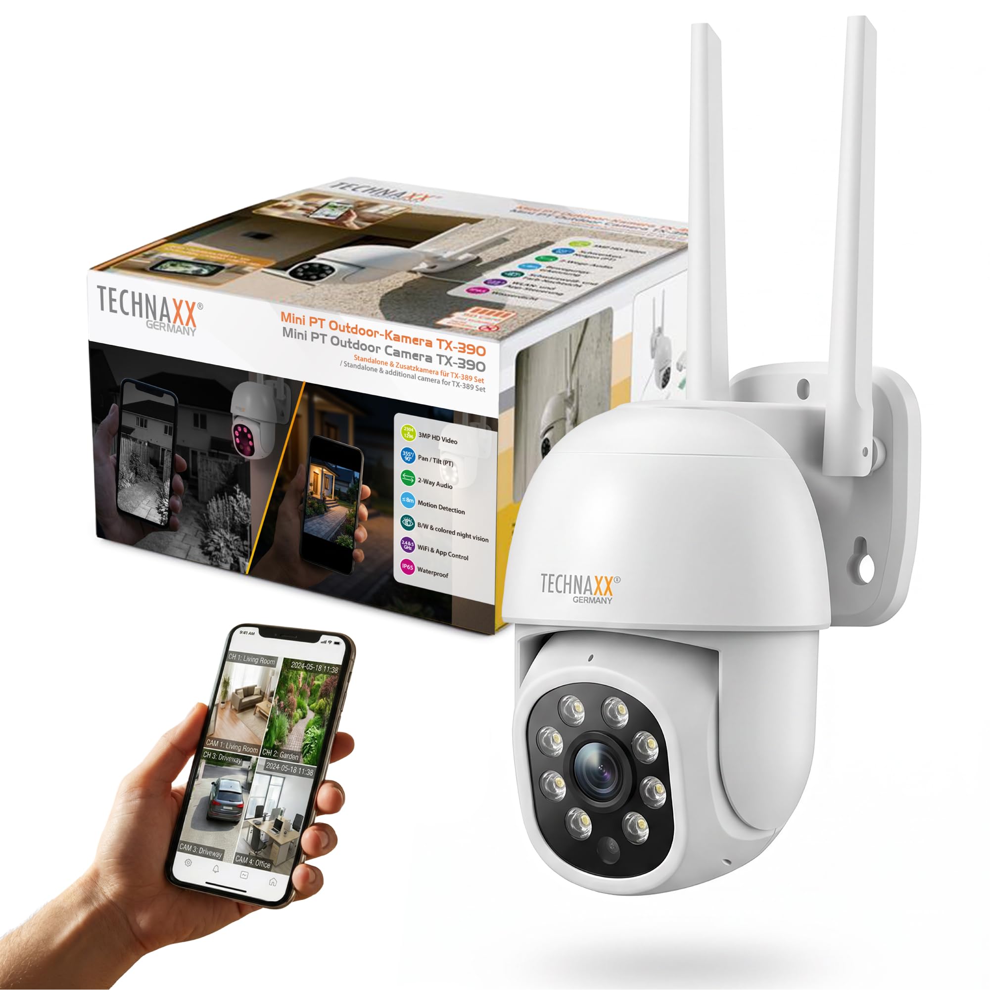 Technaxx Mini PT Outdoor Kamera – 3MP 2K WLAN Überwachungskamera Außen IP65 – 355° Pan 90° Tilt – Auto Tracking – Farb & IR Nachtsicht – 2.4 & 5GHz WiFi – 2 Wege Audio – MicroSD 128GB - TX-390