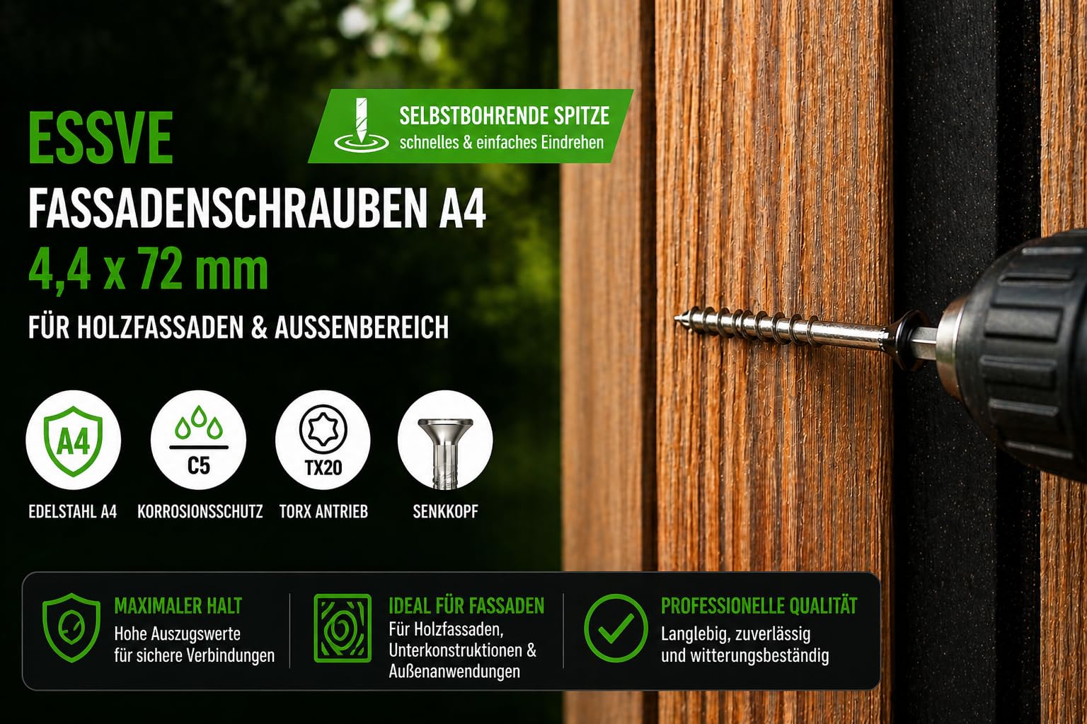 ESSVE Tornillos de fachada A4 4,4 x 72 mm, acero inoxidable C5, TX20, cabeza avellanada, RAL7016 – 250 unidades, tornillos para madera para exterior, fachada de madera, terraza y construcción de