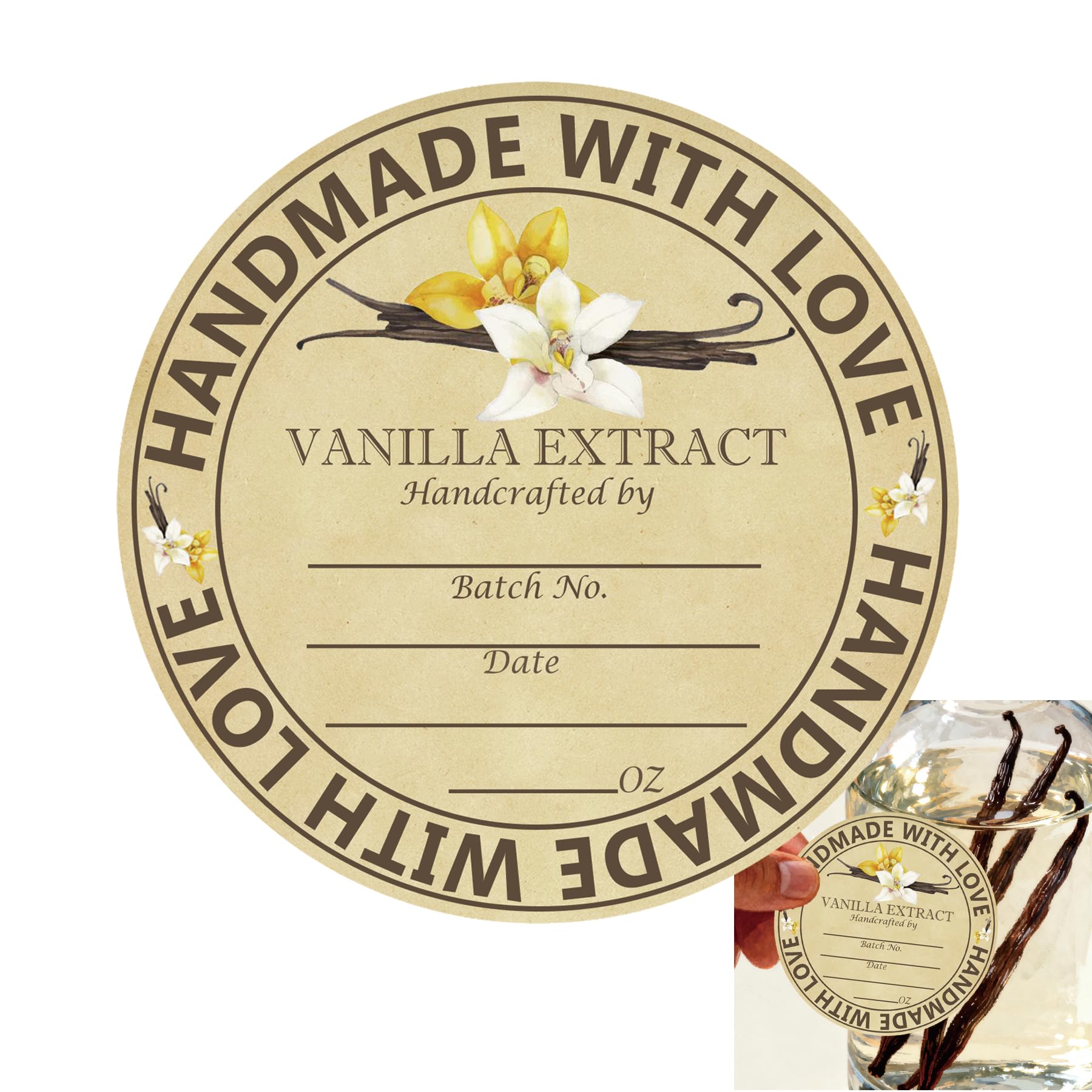 250 Pcs Minimalist Homemade Canning Jar Lids Vanilla Extract Instruction Stickers 2 inch Madagascar Handcrafted Vanilla Beans Bottle Labels DIY