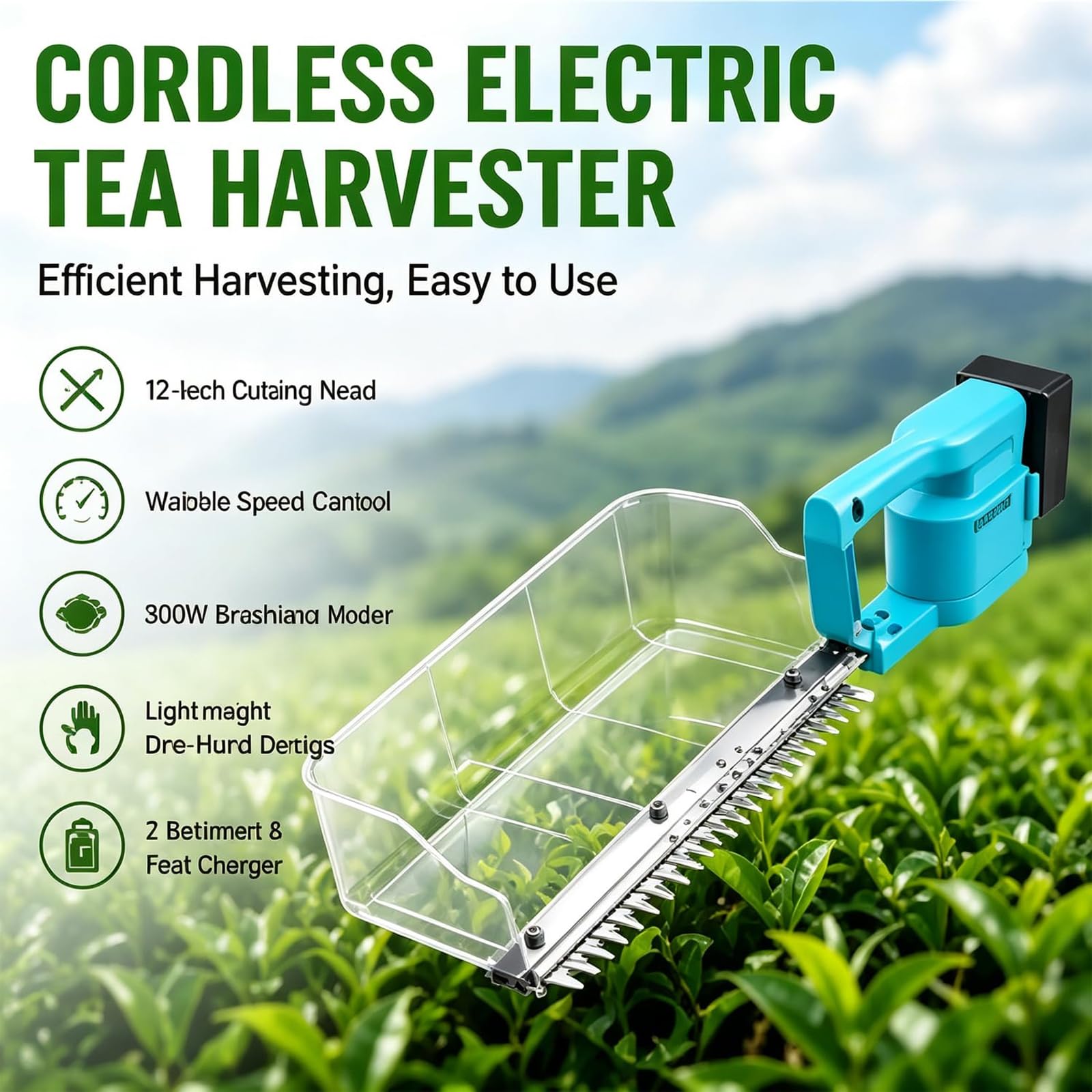 Recolector de té y Cortasetos eléctrico portátil, Longitud de Corte de 30 cm, Protector de recolección para la recolección de té y el Modelado de arbustos.