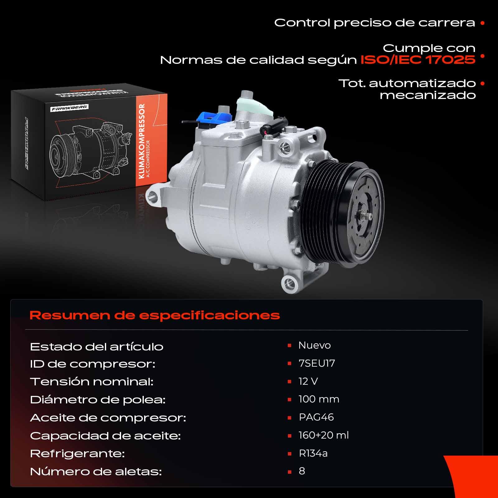 Frankberg Compresor de aire acondicionado con embrague, diésel, 0022305311 | Compatible con: Clase R V251 W251, Clase M W164, Clase GL X164