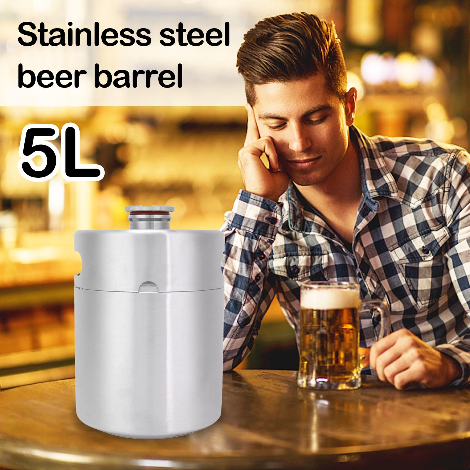 Barril de Cerveza de 5 Litros, Mini Barril Growler de Acero Inoxidable 304 Barril de Cerveza Portátil con Tapa En Espiral Hexagonal Para Elaboración Casera Elaboración Artesanal Y Cerveza de Barril