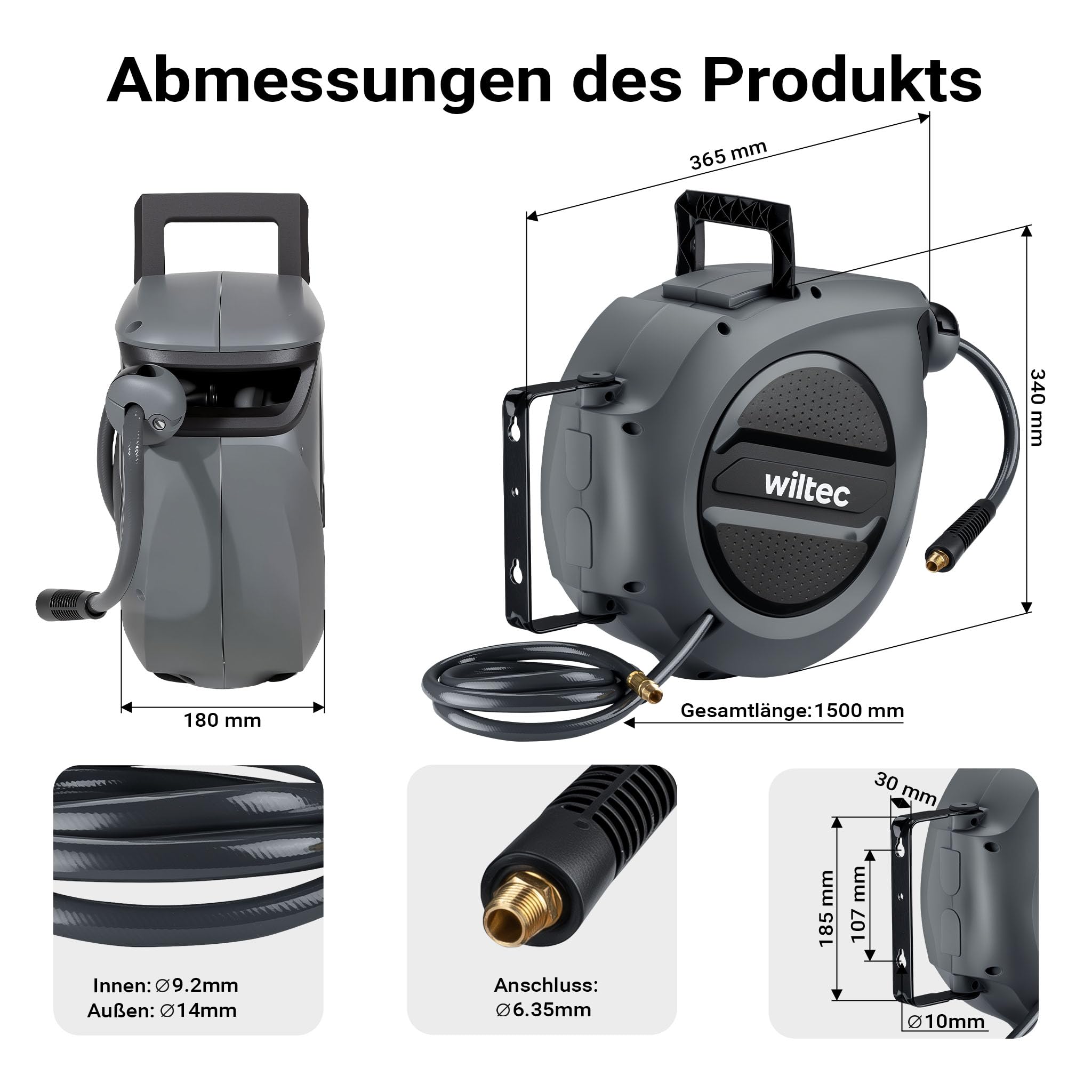 Wiltec Druckluft Schlauchtrommel 15 m, automatische Druckluftschlauchtrommel Stahl, 17 bar Drucklufttrommel, Schlauchaufroller mit 180° Halterung