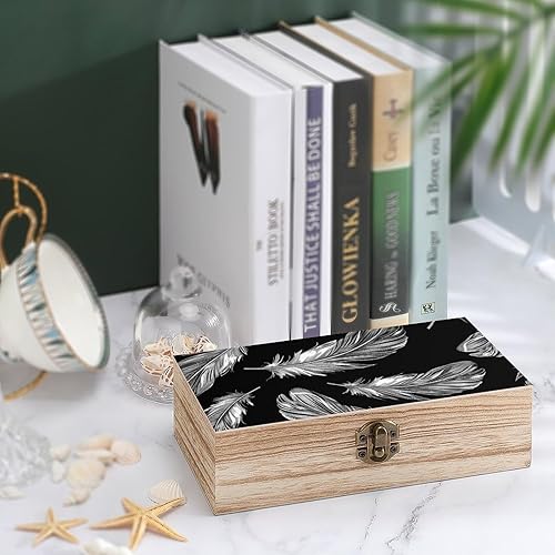 Miniatura 4 de Caja de almacenamiento de madera de plumas estilo línea, grandes contenedores de madera retro con tapa con bisagras de 7.9 x 3.9 x 2.3 pulgadas,