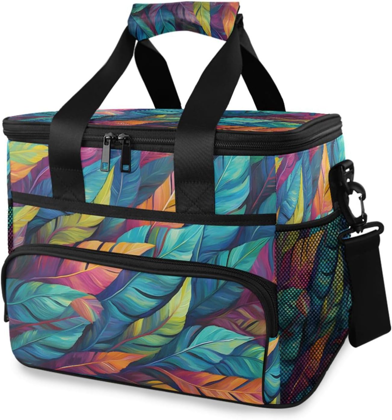 Insulated Cooler Bag 24 Cans Large Capacity Lunch Box-Vivid Feather Print Leak Proof with Shoulder Strap for Camping Picnic