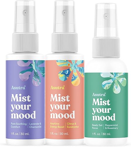 ASUTRA Juego de muestras de niebla de aromaterapia prémium (botellas de 1 onza, paquete de 3) 100% natural y orgánico, niebla para habitación y