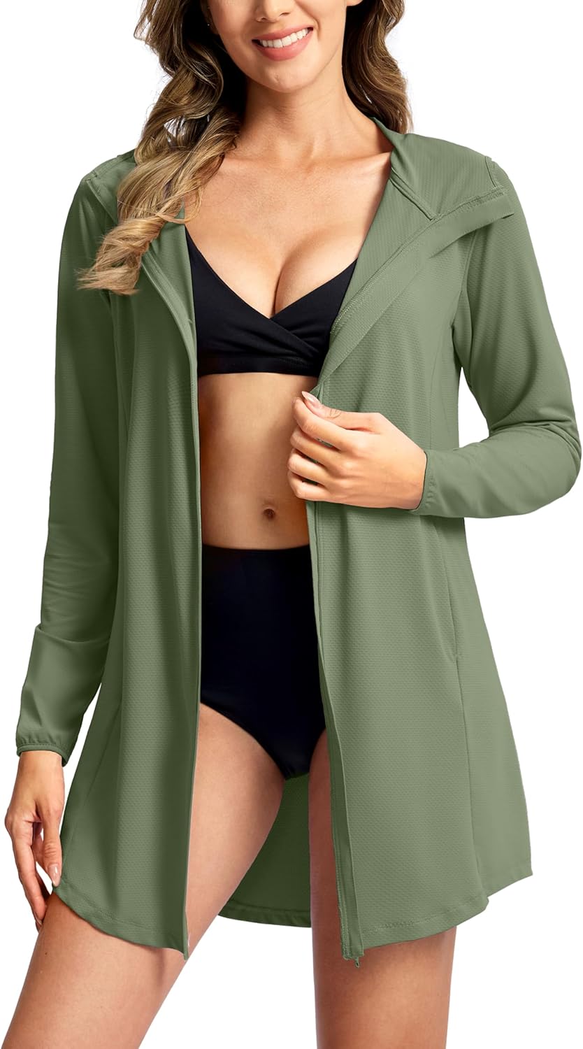 SANTINY Women's UPF50+ Swim Cover Up Sun Protection Hoodie Long UV Jacket SPF Lightweight Swimsuit Beach Cover Ups for Women