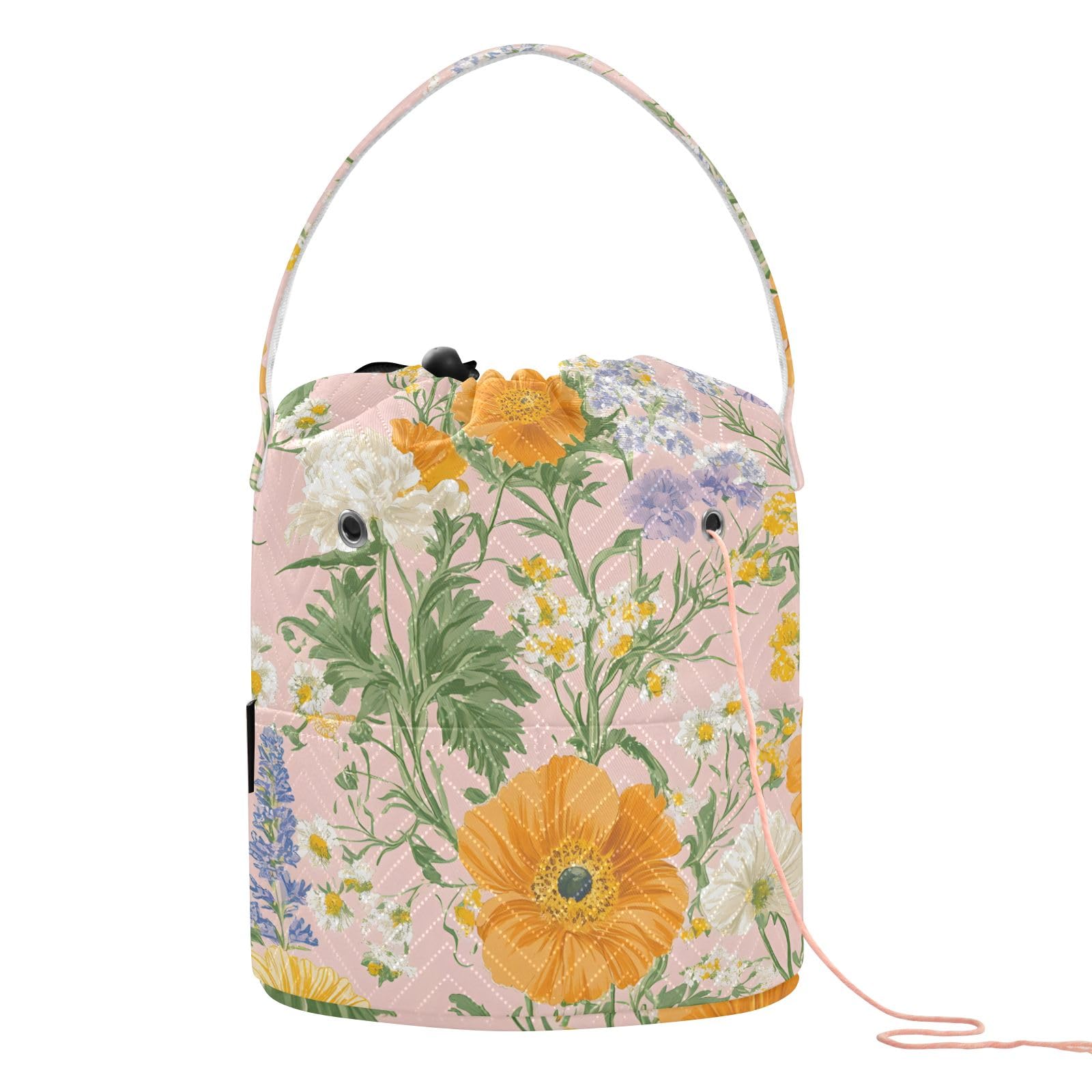 Yarn Storage Bag Small Crochet Bag Knitting Bag Organizer Orange Floral Flower Yarn Bags for Crocheting Basket