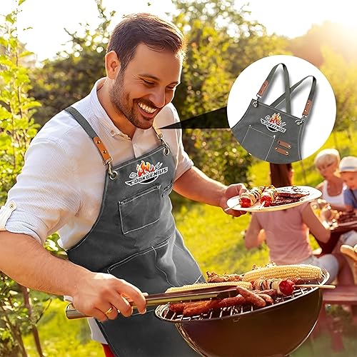 Miniatura 6 de Delantal de cocina con espalda cruzada con bolsillos, delantal de cocina ajustable de algodón para mujeres y hombres, delantal de chef de cocina