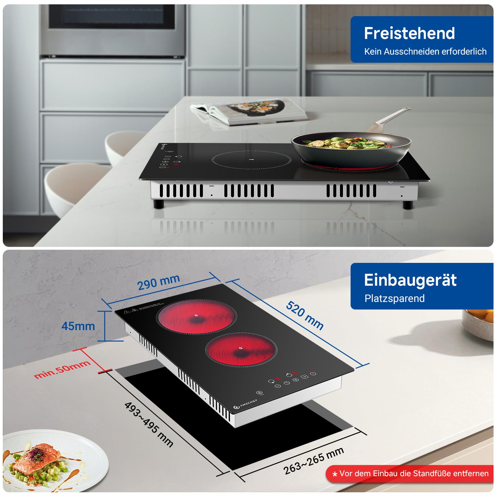 AMZCHEF Glaskeramikkochfeld 2 Platten 3200W 9 Leistungsstufen Touch-Steuerung Freistehend Einbau Design