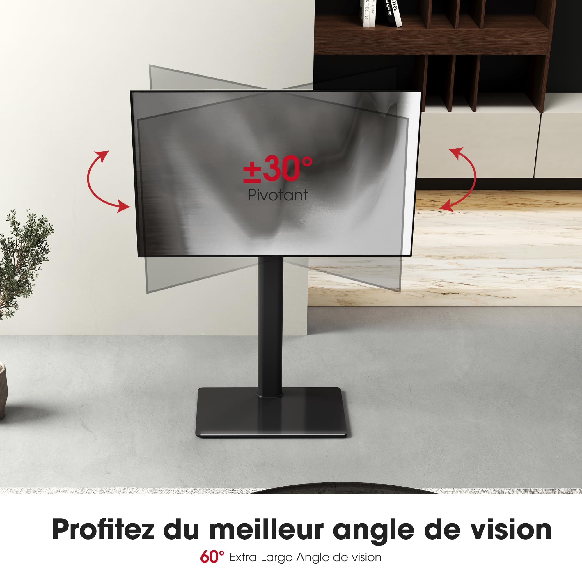 AOKCOS Support TV sur Pied Plus Haut 1,6m pour 43-85 Pouces,Pied pour TV Pivotant 50° Inclinable 12° Hauteur Réglable Max VESA 600x400mm Max Capacité 50 KG (Noir)