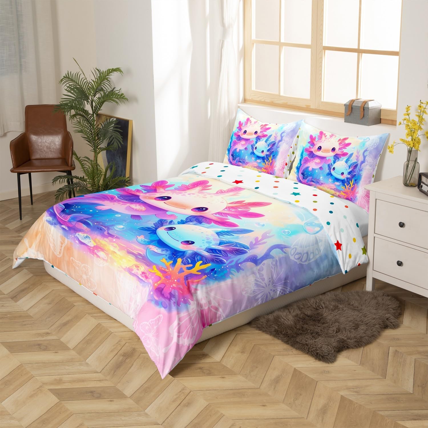Axolotl Duvet Cover Set Toddler,Sealife Animal Pink Blue Bedding Set 2Pcs for Kids Girls,Dreamy Butterfly Print Comforter Cover (NO Comforter),Watercolor Gradient Bedding Set 2 Pcs with 1 Pillowcase