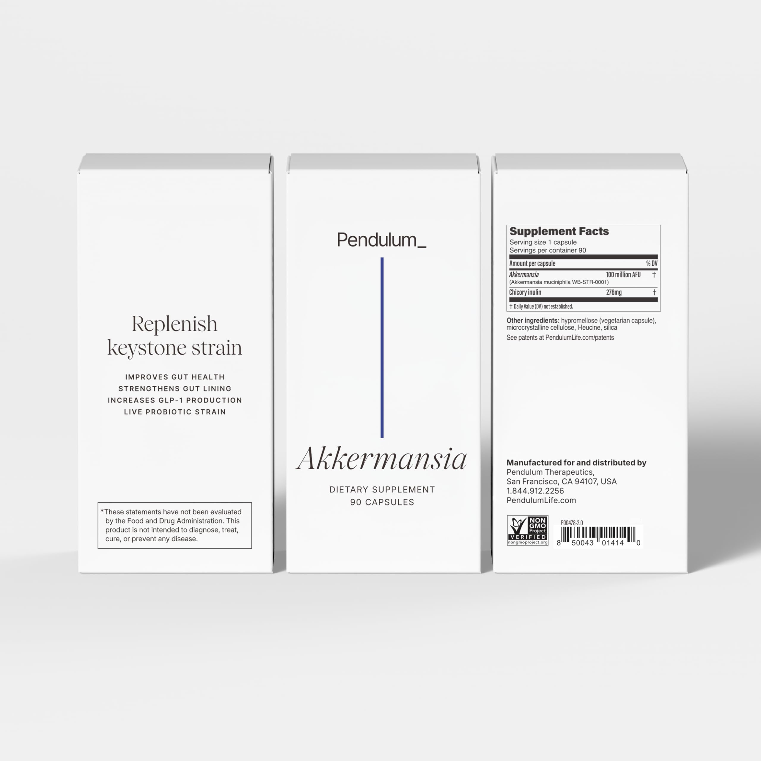 Pendulum Akkermansia Probiotic with Prebiotic Fiber - Delayed Release Capsules, Third-Party Tested, Authentic 100M AFU Live Strain for Gut Health & GLP-1 Support for Men & Women (90 Capsules, 1-Pack)