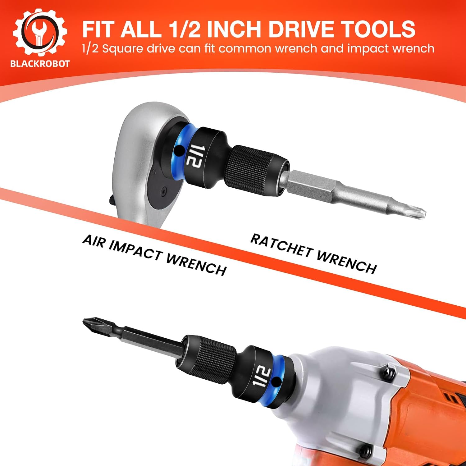 BLACKROBOT 2PCS Quick Release Impact Bit Holders 1/2-Inch Square Drive to 1/4-Inch Hex Socket Adapter, CR-MO Steel, Embossed Size Marking