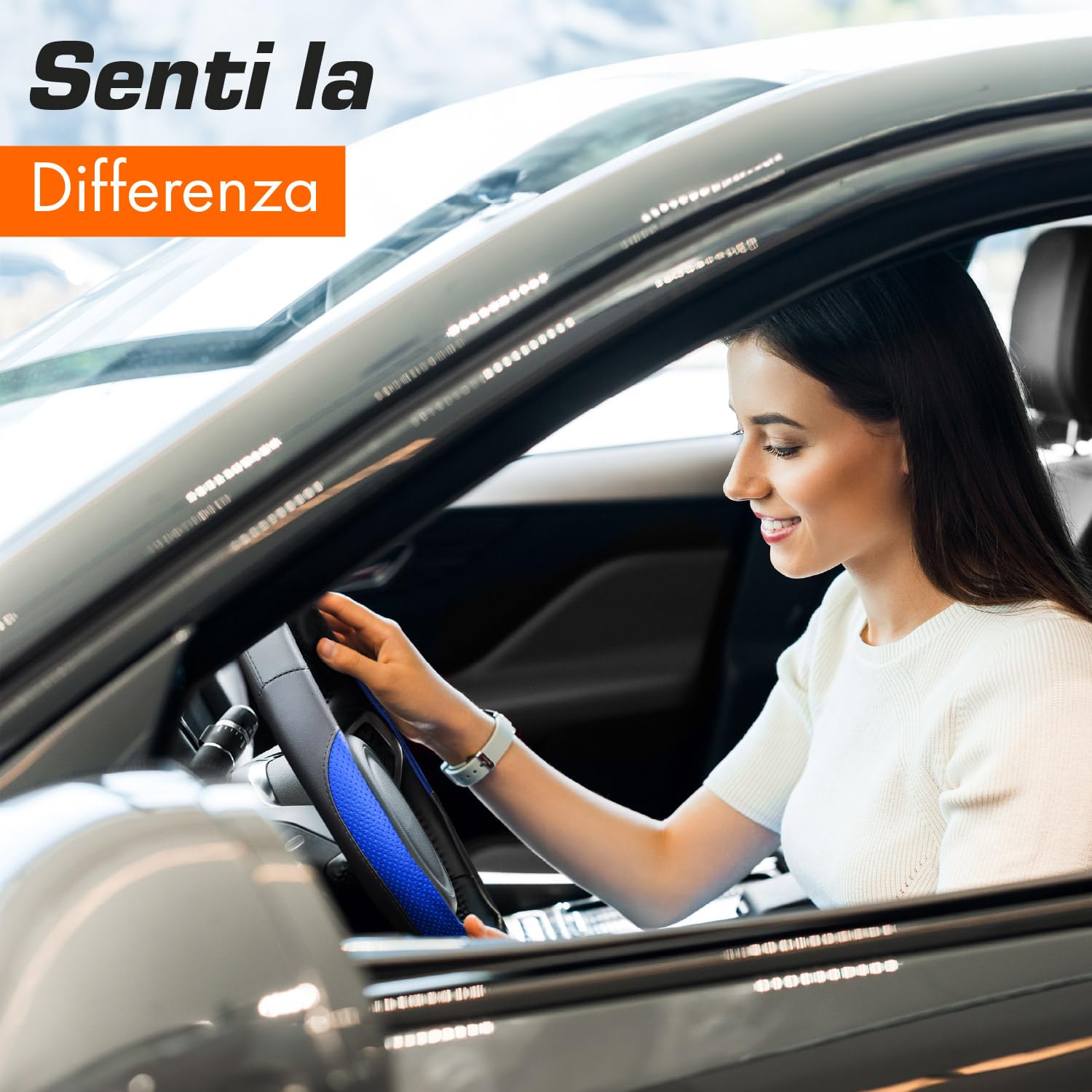 Upgrade4cars Coprivolante Auto Universale Nero Blu in Finta Pelle | Copertura di Volante Diametro 37-38 cm | Accessori Auto Interno | Regali per Donna e Uomo