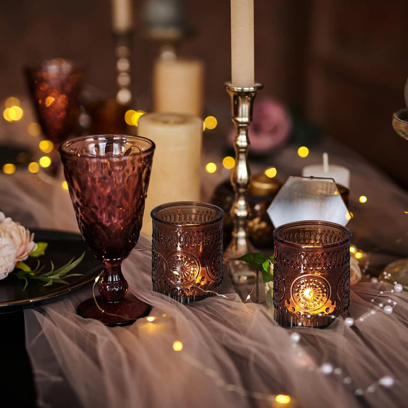 DEVI 24pcs Vintage Amber Votive Candle Holders, Amber Glass Tea Lights Candle Holder for Baby Shower, Boho Wedding Decorations, Vintage Boho Party Home Fall Centerpieces Table Decoration - Image 5