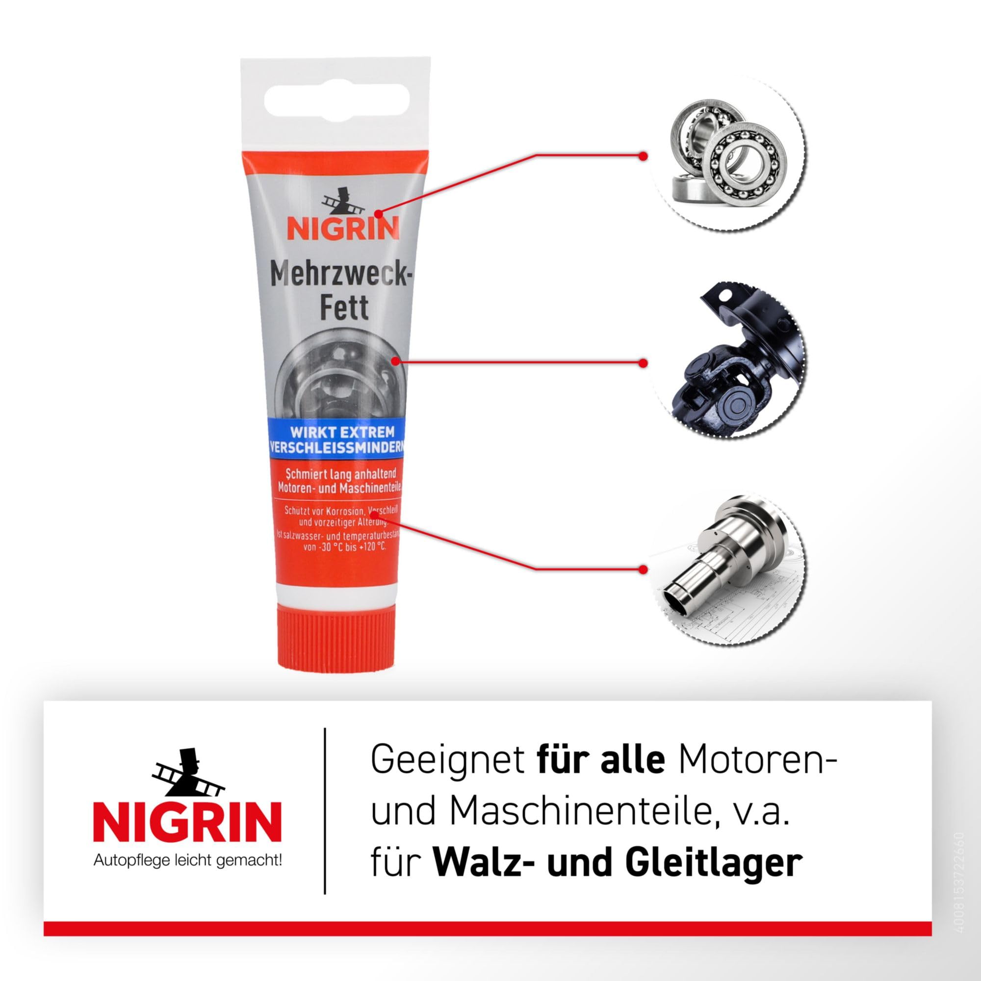 NIGRIN Grasa multiuso, tubo de 50 g, protege los motores de la corrosión y el envejecimiento, resistente a la temperatura de -30°C a +120°C
