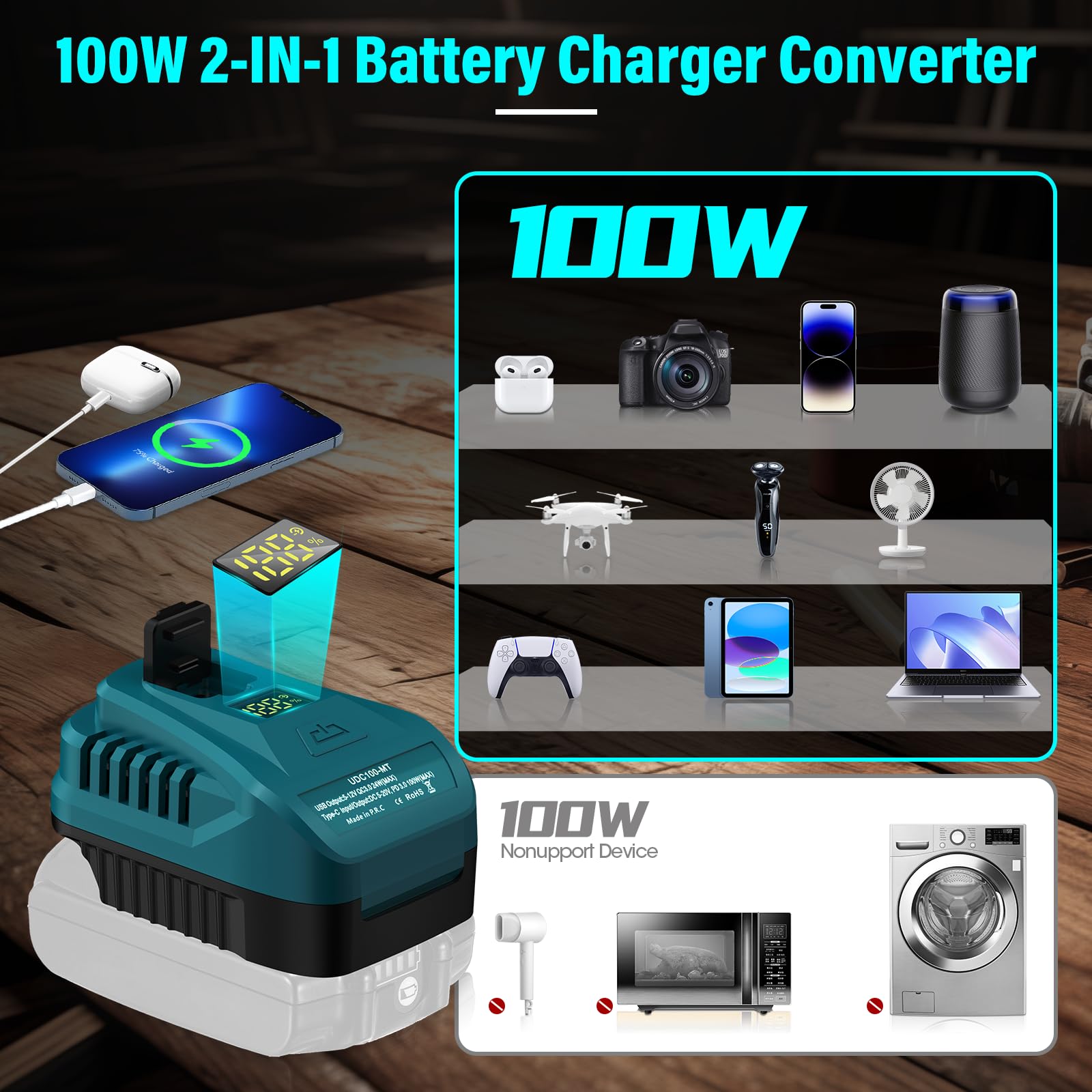 Kit de charge rapide USB 100 W pour batterie Makita 18 V, QC3.0 de type C et port USB, avec indicateur LED, pour chargeur BL1830, BL1850, BL1860 (pas de batterie)