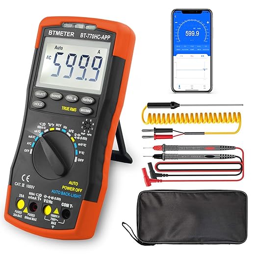 BTMETER Digital Multimeter, Handheld TRMS 6000 Multi Meter Auto Range Voltmeter Ammeter Measure AC DC Volt Amp Ohm Continuity Capacitance Frequency Diode hFE Transistor Temp 770HC-APP