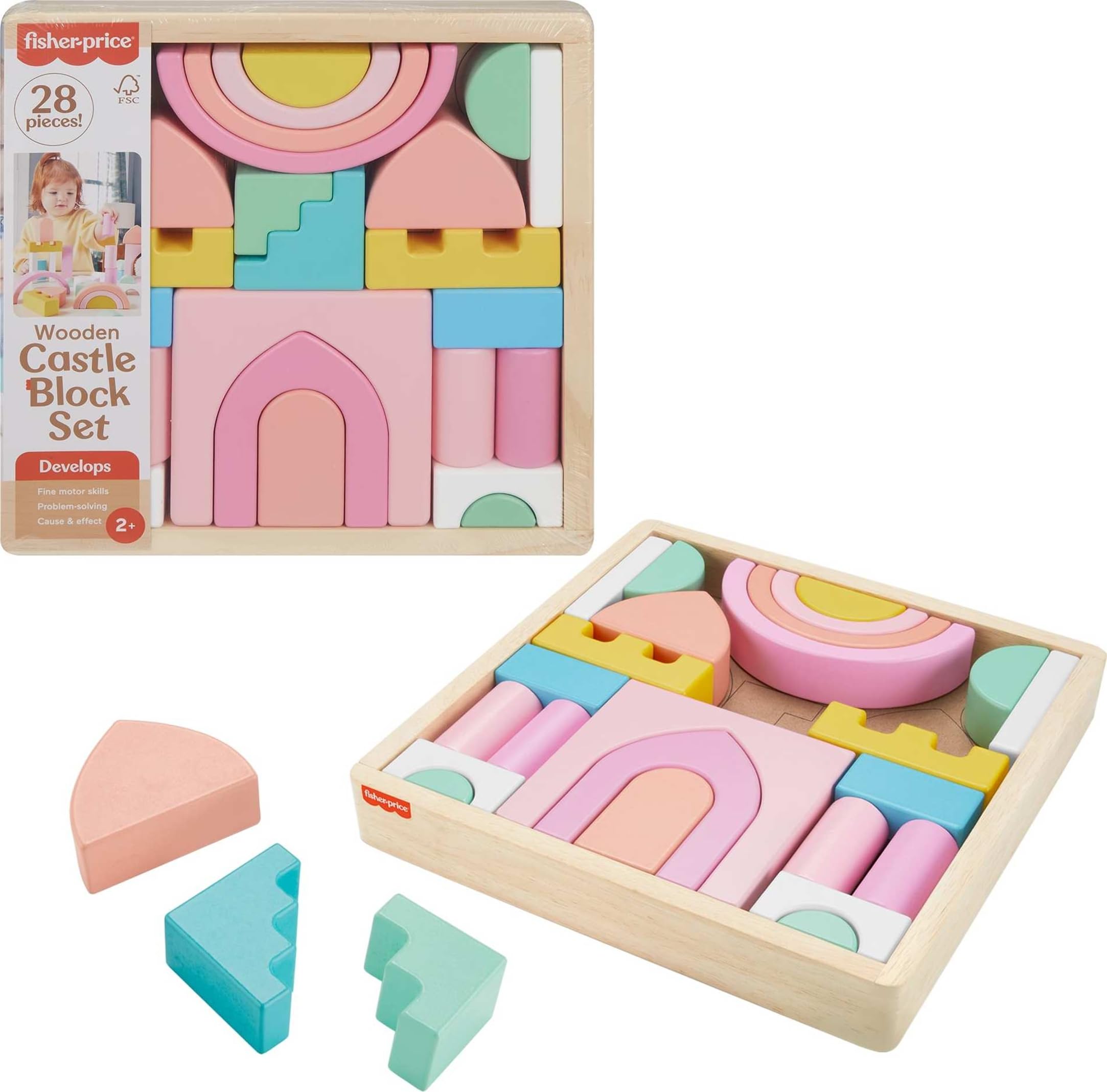 Fisher-Price Wood Toddler Toy Castle Block Set, 28 Wooden Pieces for Stacking Developmental Play Preschool Kids Ages 2+ Years