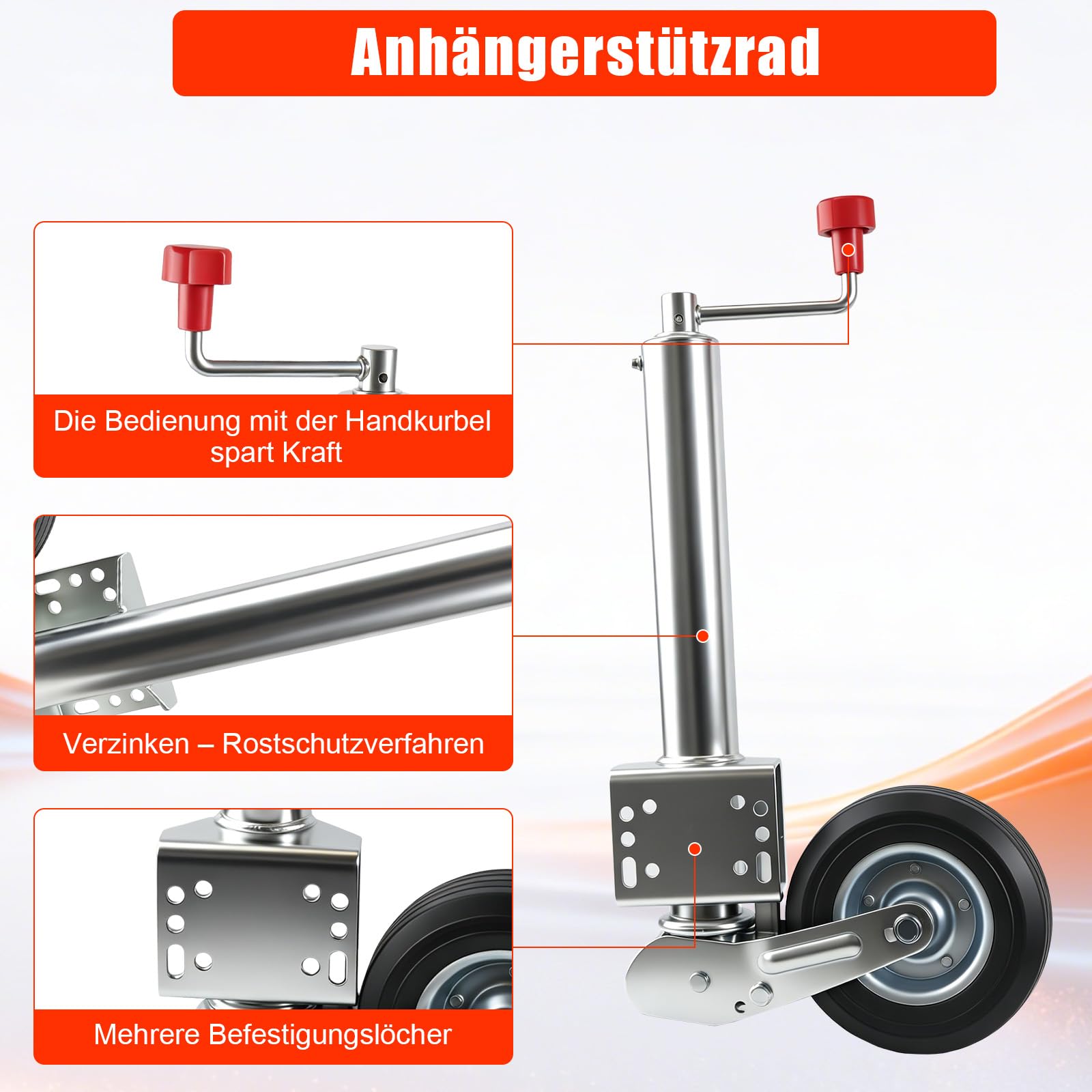 Stützrad für Anhänger mit Kurbel, 500 kg Traglast | Kurbelstützrad höhenverstellbar 245 mm, Deichselstützrad Universal Ersatz für Anhänger Wohnwagen Wohnmobile, Rad 200 x 50 mm