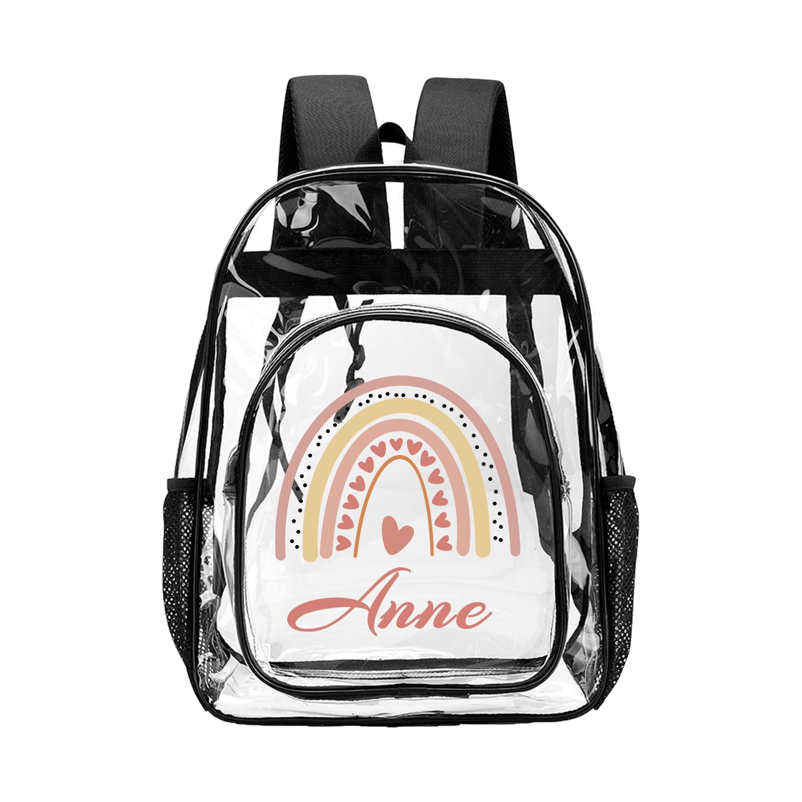 Personalized Rainbow Clear Backpack for Girls With Name, Custom WaterProof Kids Clear Backpack Heavy Duty With Reinforced Strap for College Workplace,