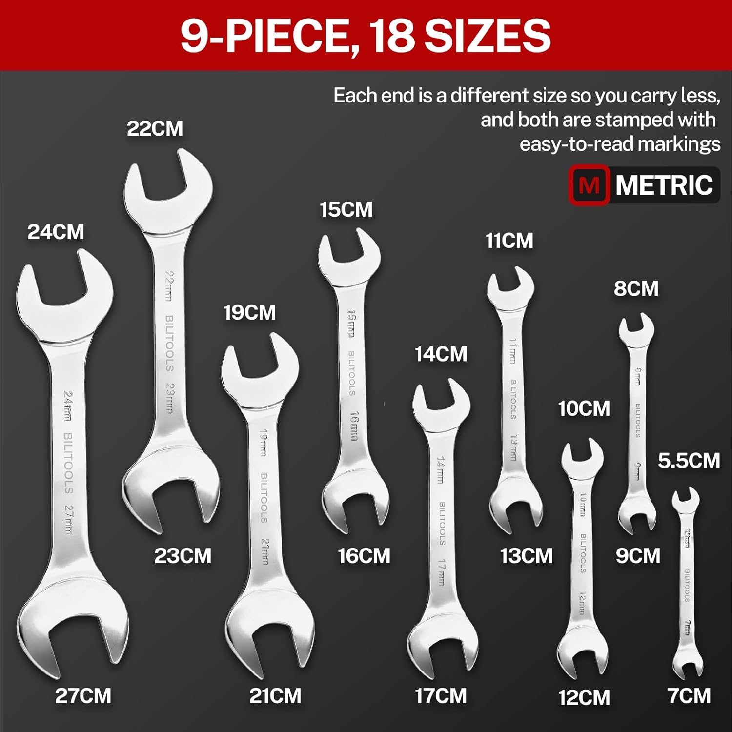 BILITOOLS Super-Thin Wrench Set, 9 Piece Metric Open End Wrench Set, Including 5.5, 7, 8, 9, 10, 11, 12, 13, 14, 15, 16, 17, 19, 21, 22, 23, 24, 27 mm, Ultra-Slim Flat Spanner Set with Storage Box