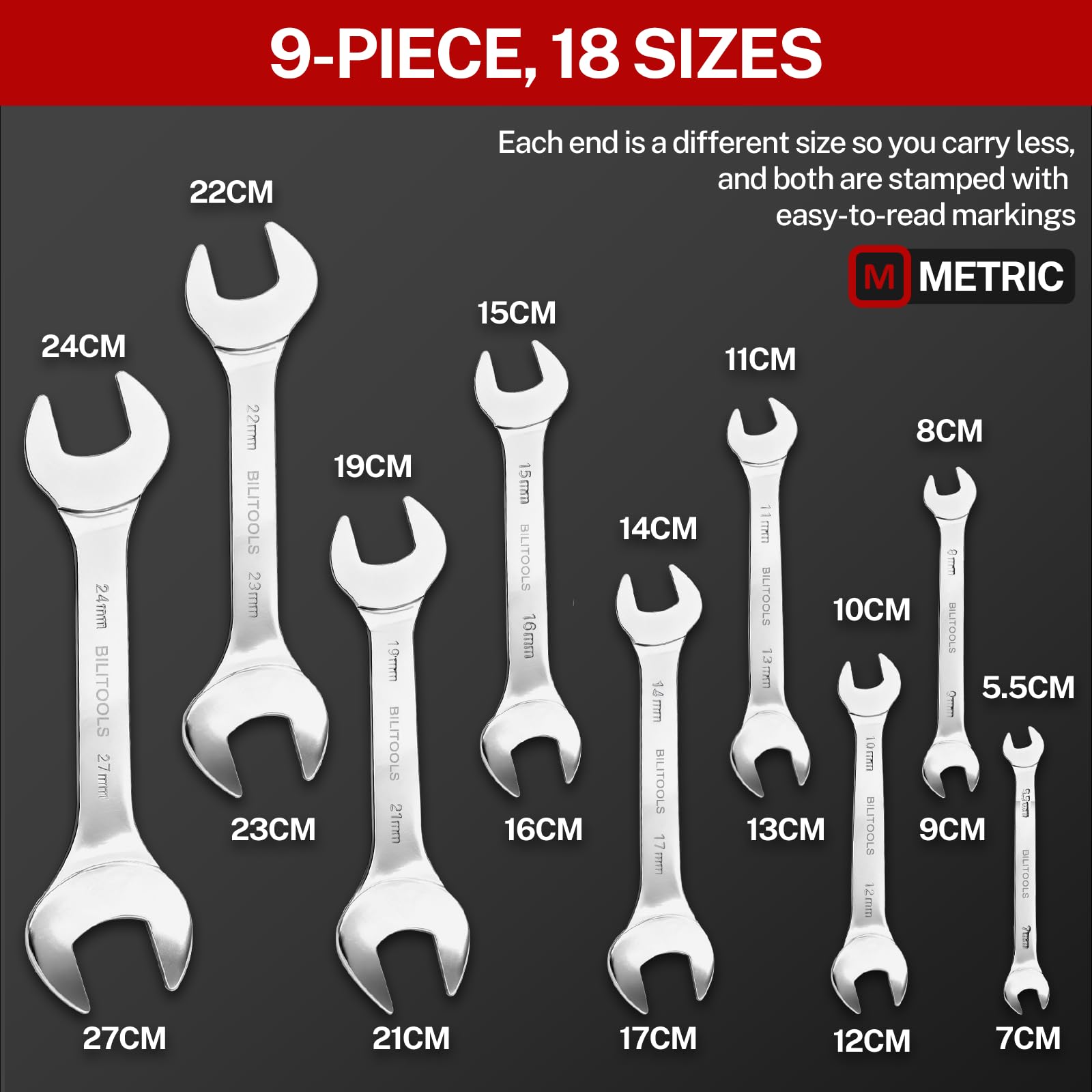 BILITOOLS Jeu de clés plates extra fines 9 pièces 3 mm 5,5-27 mm | Clés plates extra fines 3 mm, 18 tailles métriques en acier chrome-vanadium, pour écrous fins et espaces restreints
