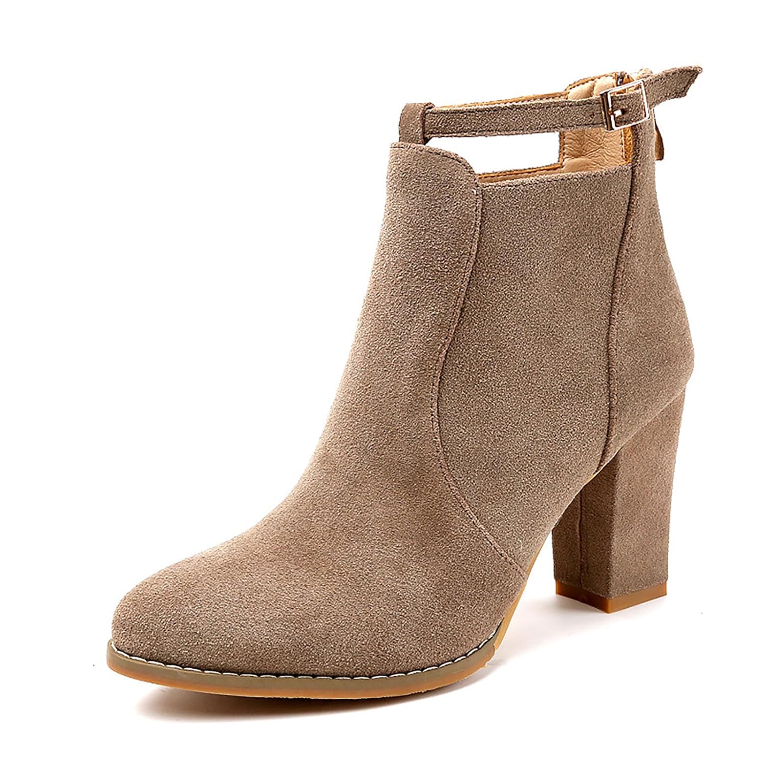 Womens Suede Block-Heeled Ankle Boots With Back Zipper Elegant Casual Pointed Toe Decorative Ankle Strap Buckle 3 34