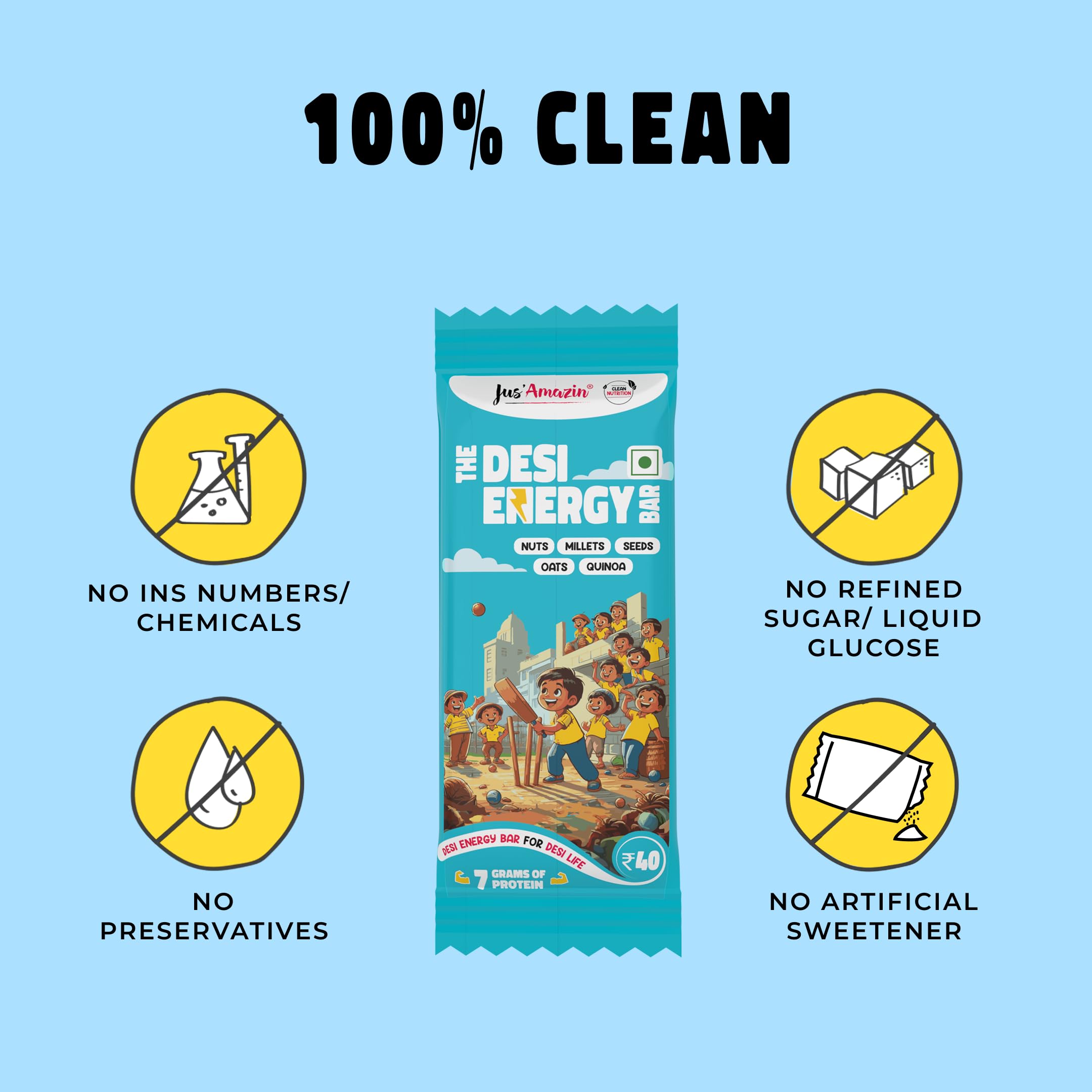 Jus' Amazin Desi Energy Bar - For Desi Life 40g | (Pack of 10) | 7g Protein | Goodness of Nuts, Millets, Seeds, Oats & Quinoa | 50% Less Sugar | No Refined Sugar | Natural Jaggery Sweetened | Natural - Image 5 thumbnail