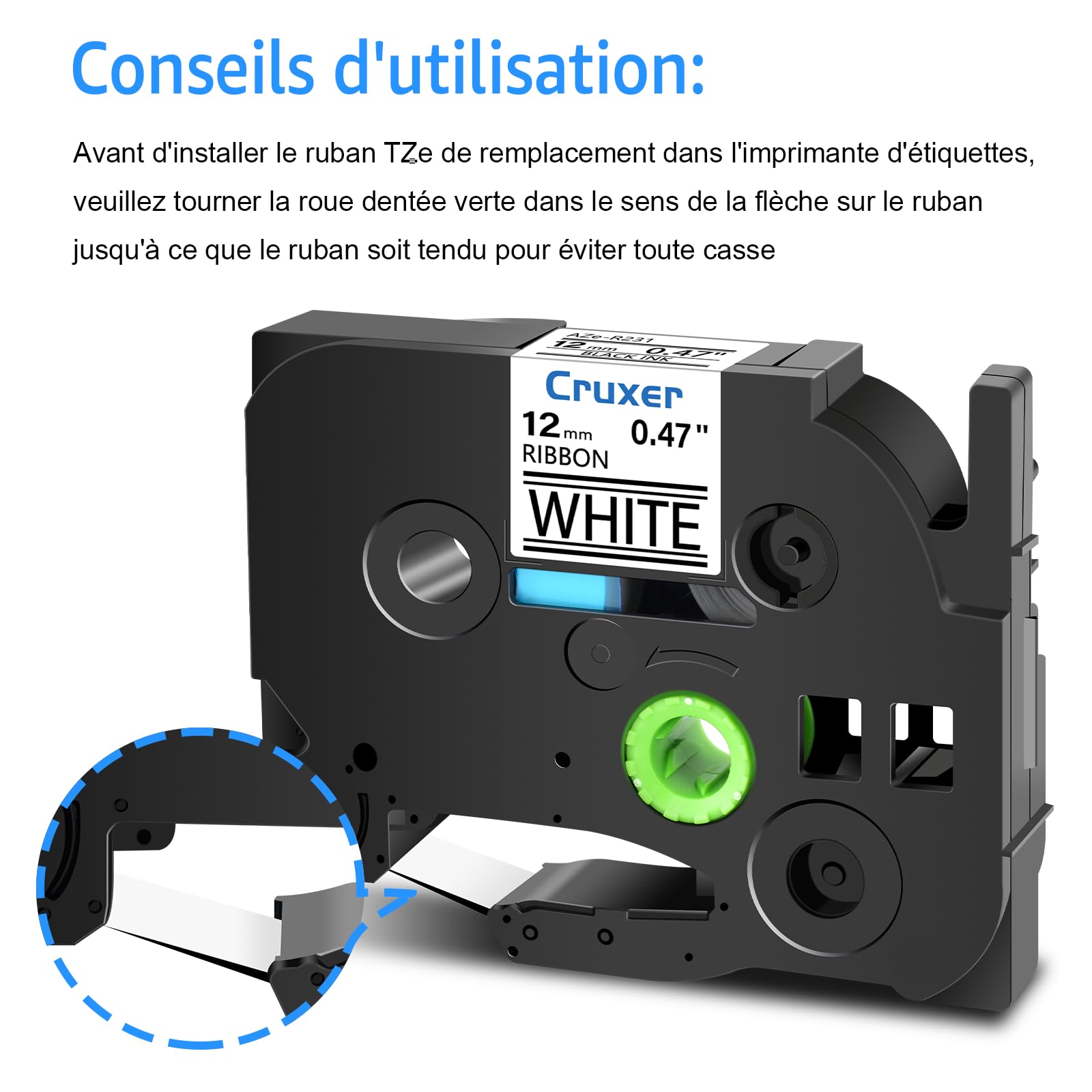 Cruxer Lot de 30 TZE-R231 Compatibles avec P-Touch Noir sur Blanc 12 mm