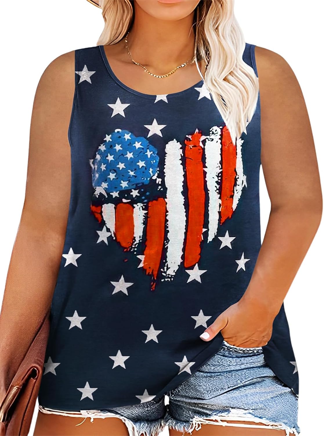 HDLTE Plus Size American Flag Tank Tops Women 4th of July Sleeveless Shirt Patriotic Stars Stripes Racerback Vest