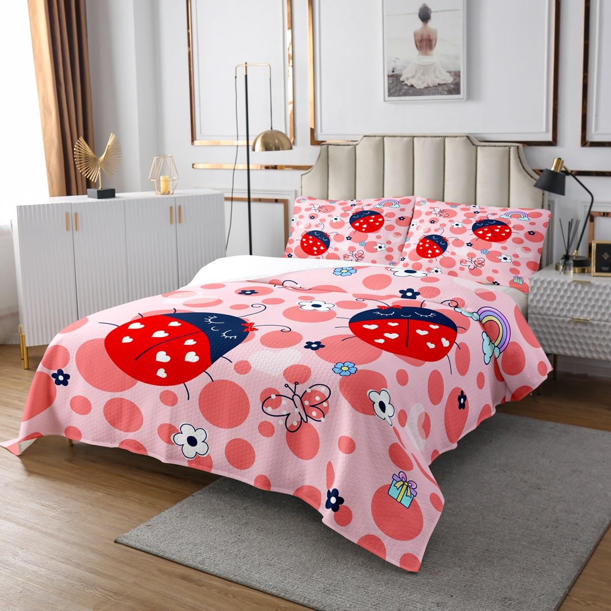 Homewish Cartoon Red Ladybug Bedspread,Cute Wild Butterfly Flowers Bedding Set for Kids Girls Teens,Watercolor Dots Print Rustic Style Coverlet Set with 2 Pillowcases,King Size 3 Pcs