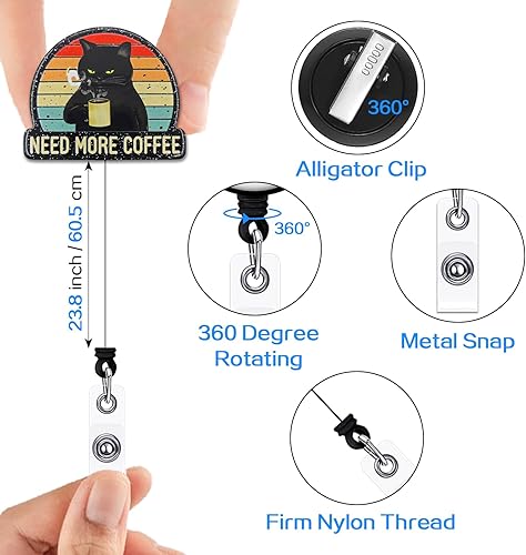 Miniatura 3 de YAZMEEN Carrete retráctil con clip de cocodrilo, gato negro necesita más tarjetas de identificación de café, divertido carrete de insignia con